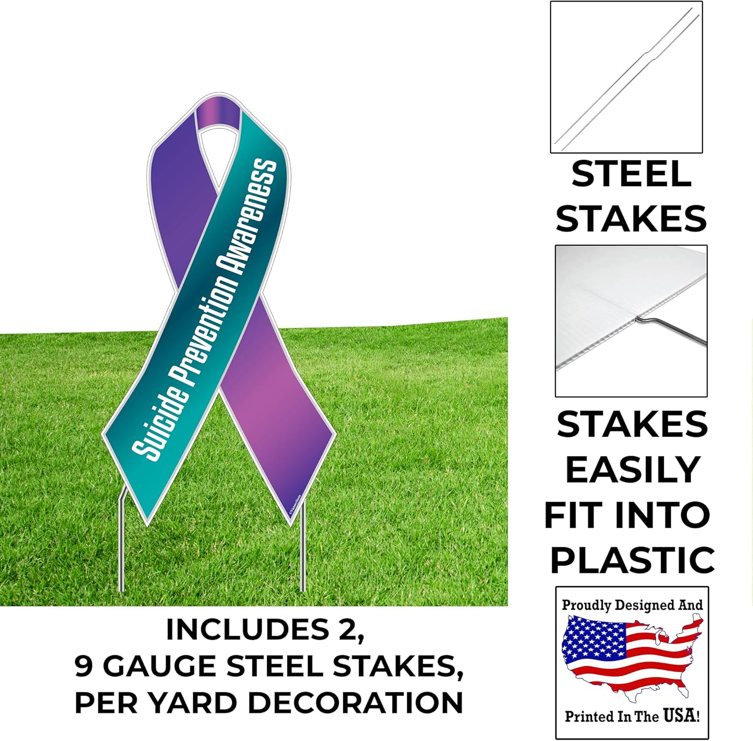 VictoryStore Yard Sign Outdoor Lawn Decorations - Suicide Prevention Awareness Ribbon Yard Sign, Teal and Purple with Stakes - 12.8 inches X 23.5 inches, 19583 (1)