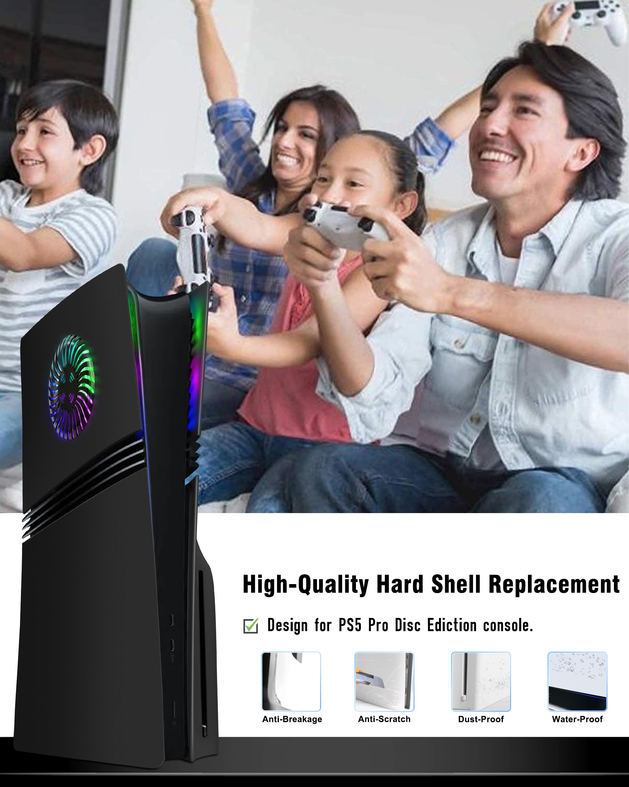 Joso Pannello frontale per PS5 Pro Disc Edition, custodia di ricambio antigraffio antipolvere con anello RGB, copertura adatta per PS5 Pro (CD-ROM), piastre per accessori PS5 Pro, nero