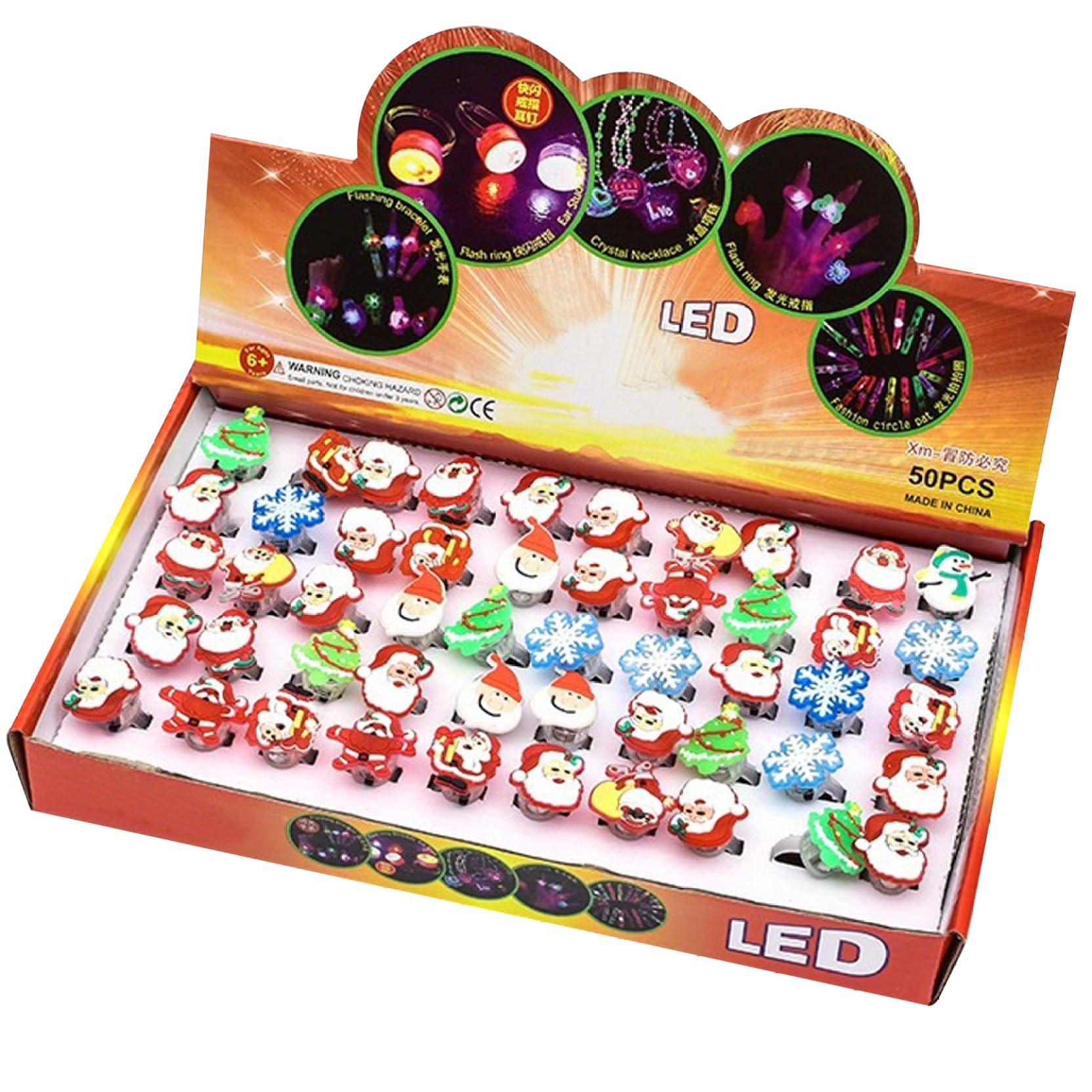 50PCS 3D LED Light Up Christmas Glow Rings, Open Adjustable Flashing Rings, Cute Plastic Party Favors for Xmas, Birthday, Celebrations