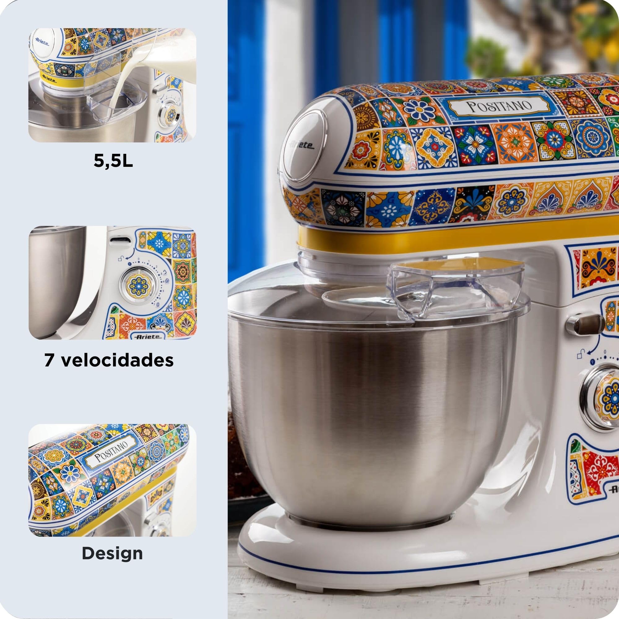 Ariete 1588 Robot Patissier Positano, 7 Vitesses, 3 Fouets pour les Pétrissages Doux et Durs, Couvercle Anti-Éclaboussures, Bol en Acier Inoxydable de 5,5 Litres, Design Méditerranéen, 2400 Watts