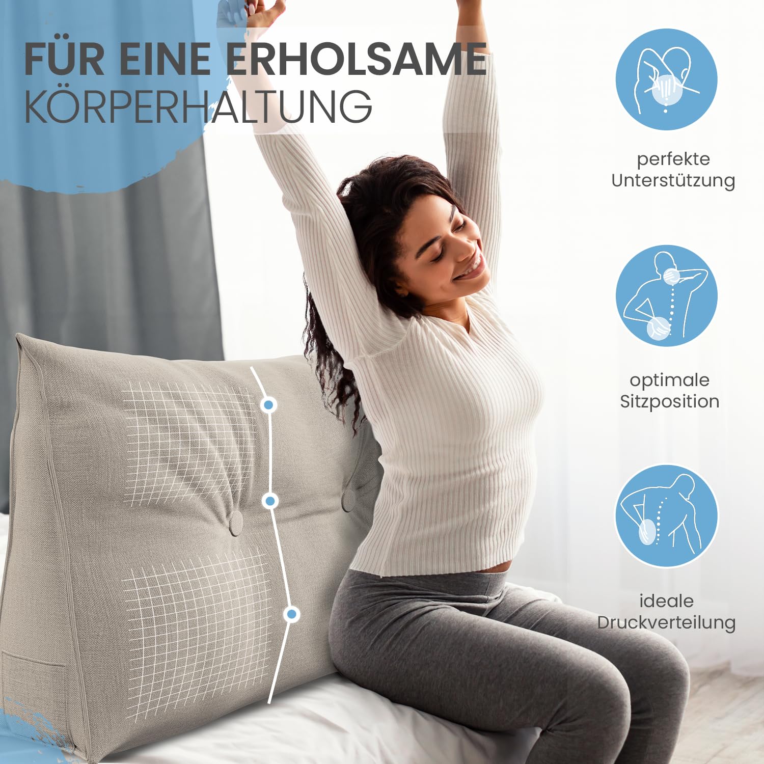ELONEO Rückenkissen 70 cm breit, Keilkissen für Bett und Sofa, dreieckiges Lesekissen mit abnehmbarem Bezug