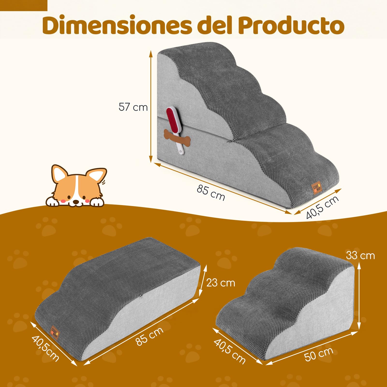 COSTWAY Escalera para Perros 4 Peldaños de Espuma, Rampas Rerros Transformables de Alta Densidad con Base Antideslizante, Funda Lavable, Rodillo Quita Pelusas, para Sofás y Camas (85 x 40,5 x 56 cm)
