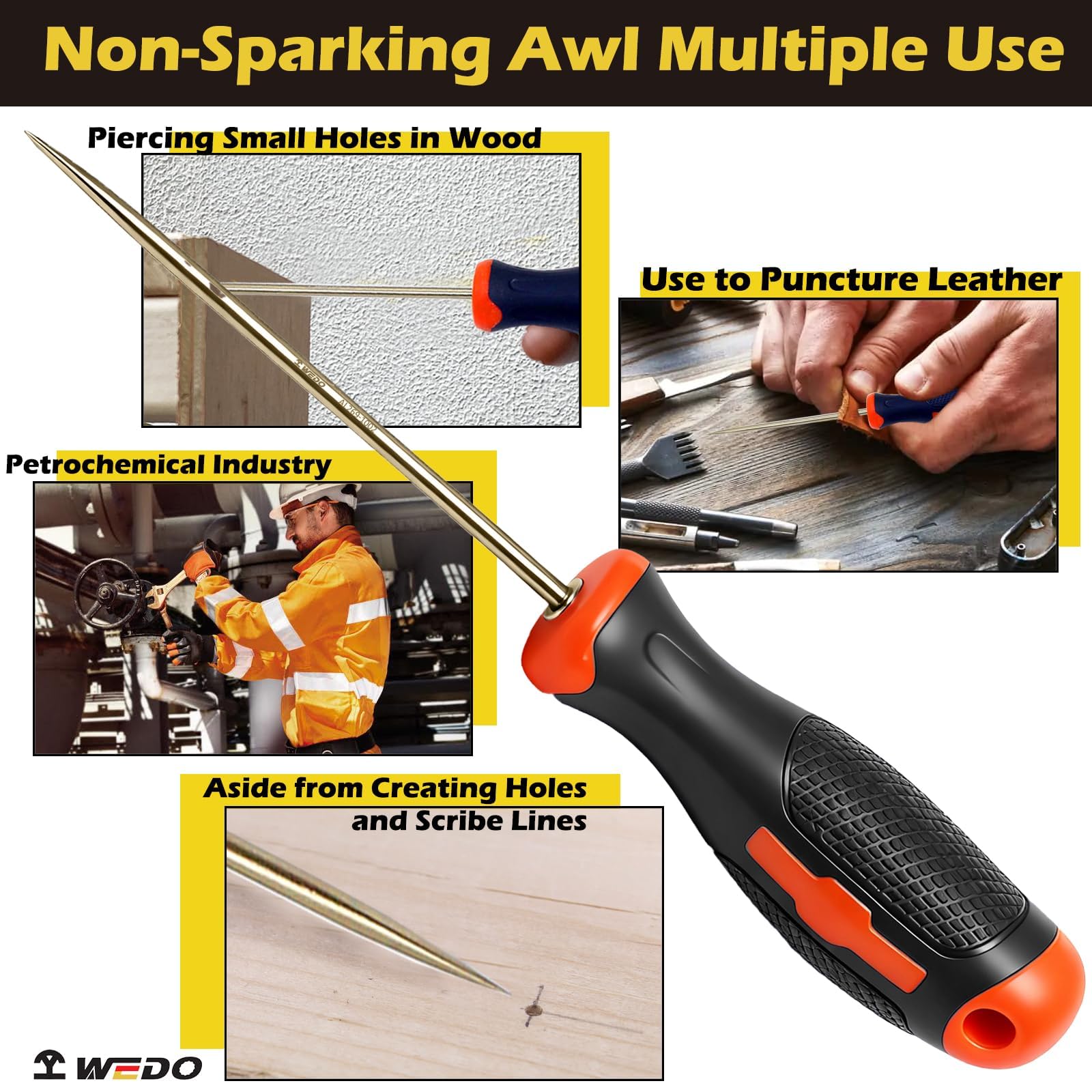 WEDO Herramientas de Punzón Sin Chispas, 2 Punzones de Costura con Mango de Fibra de Vidrio para Costura,Madera Rayada,Cuero,Punzón,Bronce de Aluminio,Estándar DIN,Certificado BAM y FM