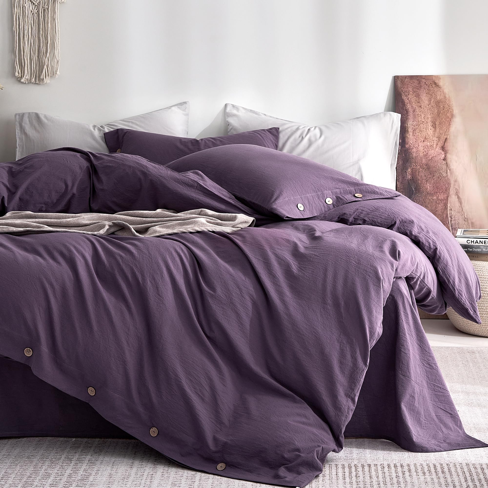 JELLYMONI 100% Washed Cotton Iris Purple Duvet Cover Full, Linen-Like