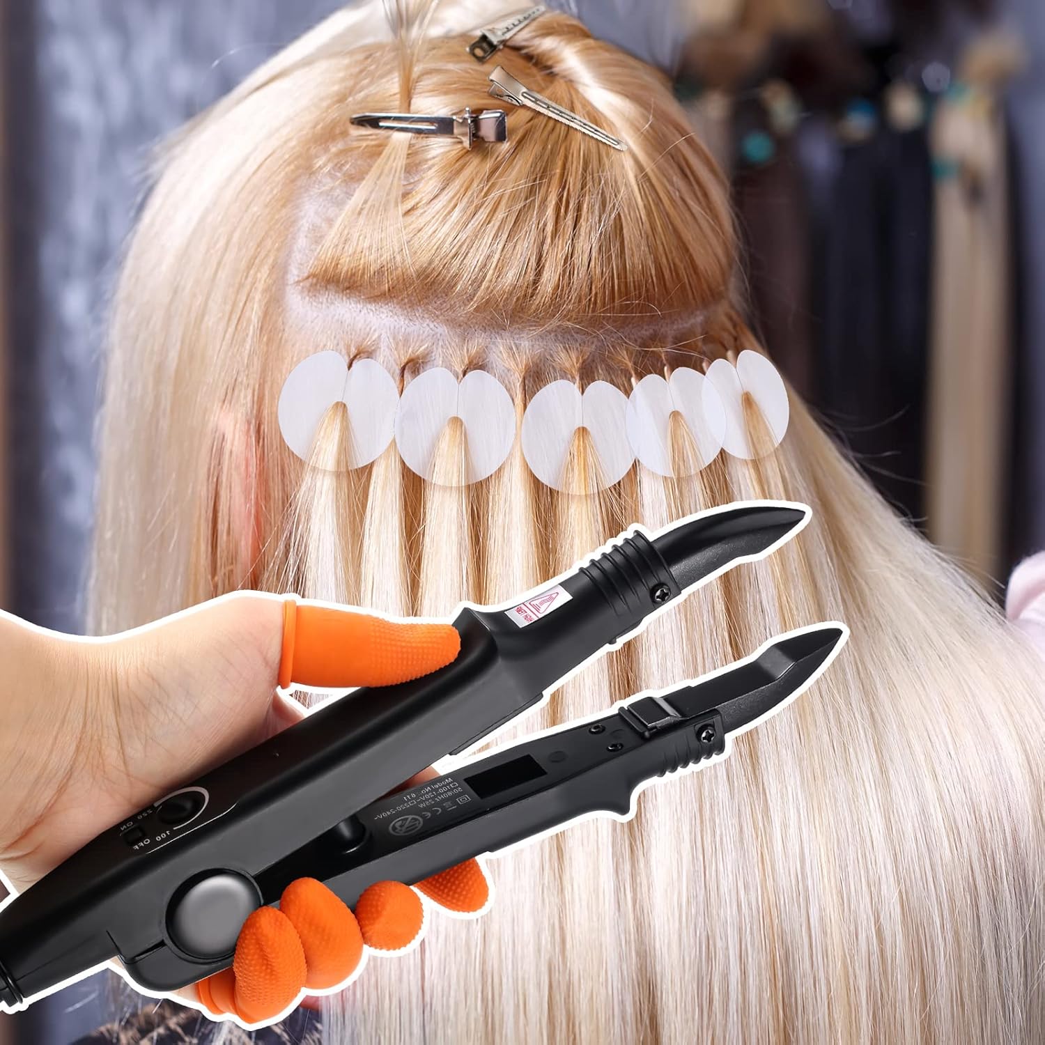 Keratin Hair Extension Kit: Heat Iron, Keratin Glue Granules, Protector Templates, Hair Clips, and Finger Protector(Black)