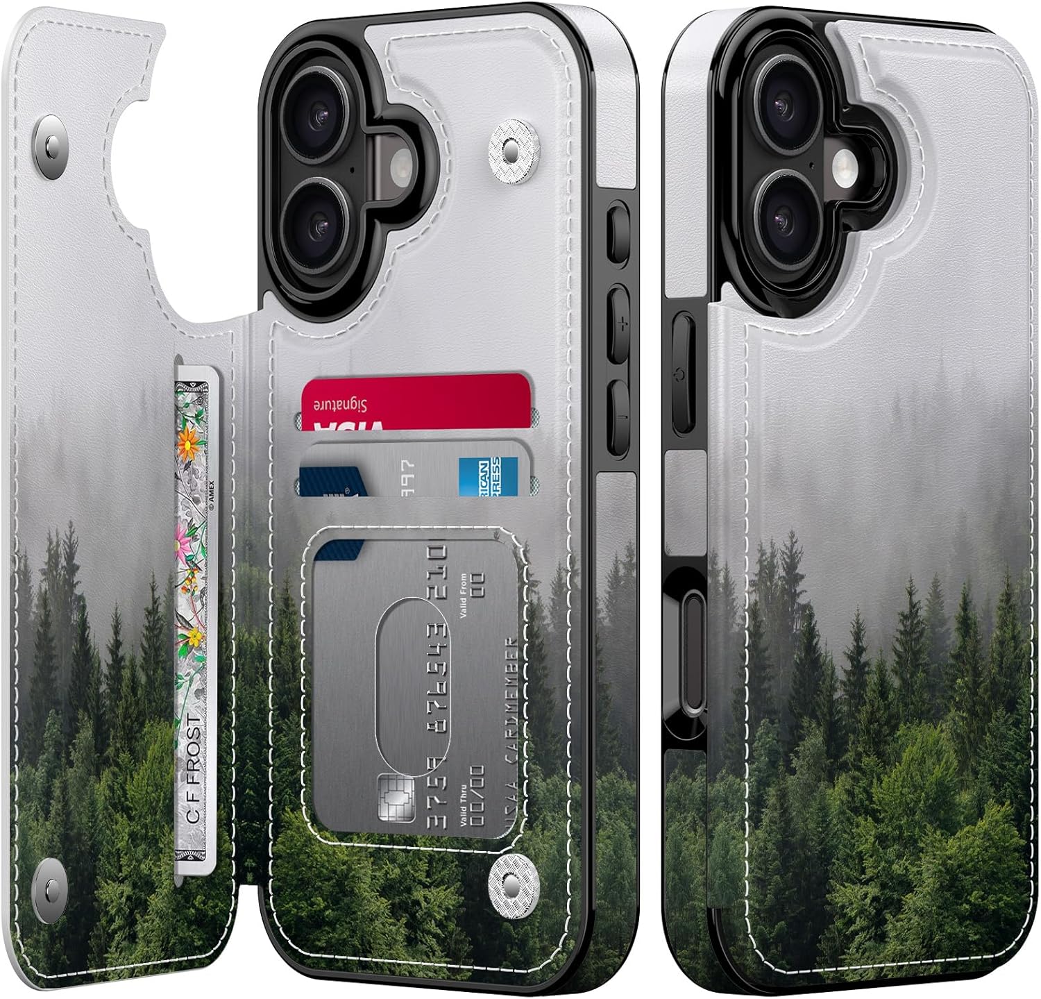 LETO for iPhone 17 Wallet Case with Card Holder - Flip Folio Leather Kickstand - Fashionable Flower Designs - Shockproof Protective Phone Cover for Women and Girls - Fog and Trees