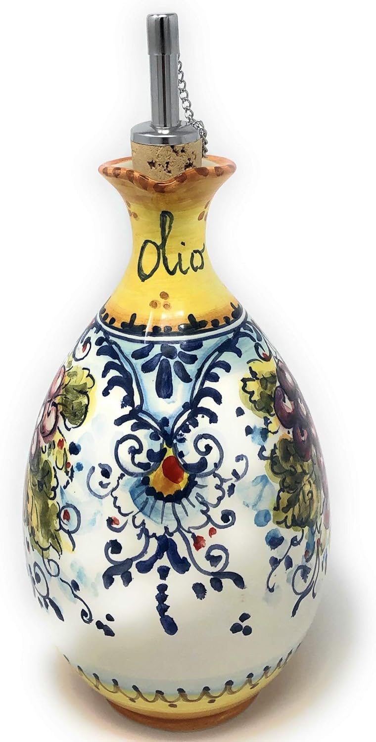 Italian Ceramic Art Pottery Oil Cruet Dispenser Decorated Montalcino Hand Painted Made in Italy Tuscan