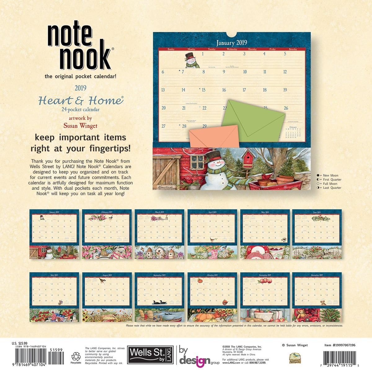 Wells St. by LANG - 2019 Note Nook Organizational Wall Calendar -"Heart and Home" Artwork by Susan Winget- 24 Storage Pockets - 12 Months - 11 3/4 x 13 1/4 Inches