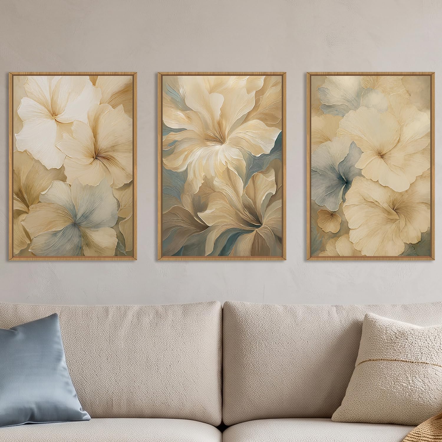 KAIRNE Neutral Beige Flower Framed Canvas Wall Art Set, Modern Magnolia Floral Wall Decor,Aesthetic Warm Wildflower Art Prints,Boho Botanical Artwork for Living Room,Bedroom,Farmhouse,Office-16"x24"x3