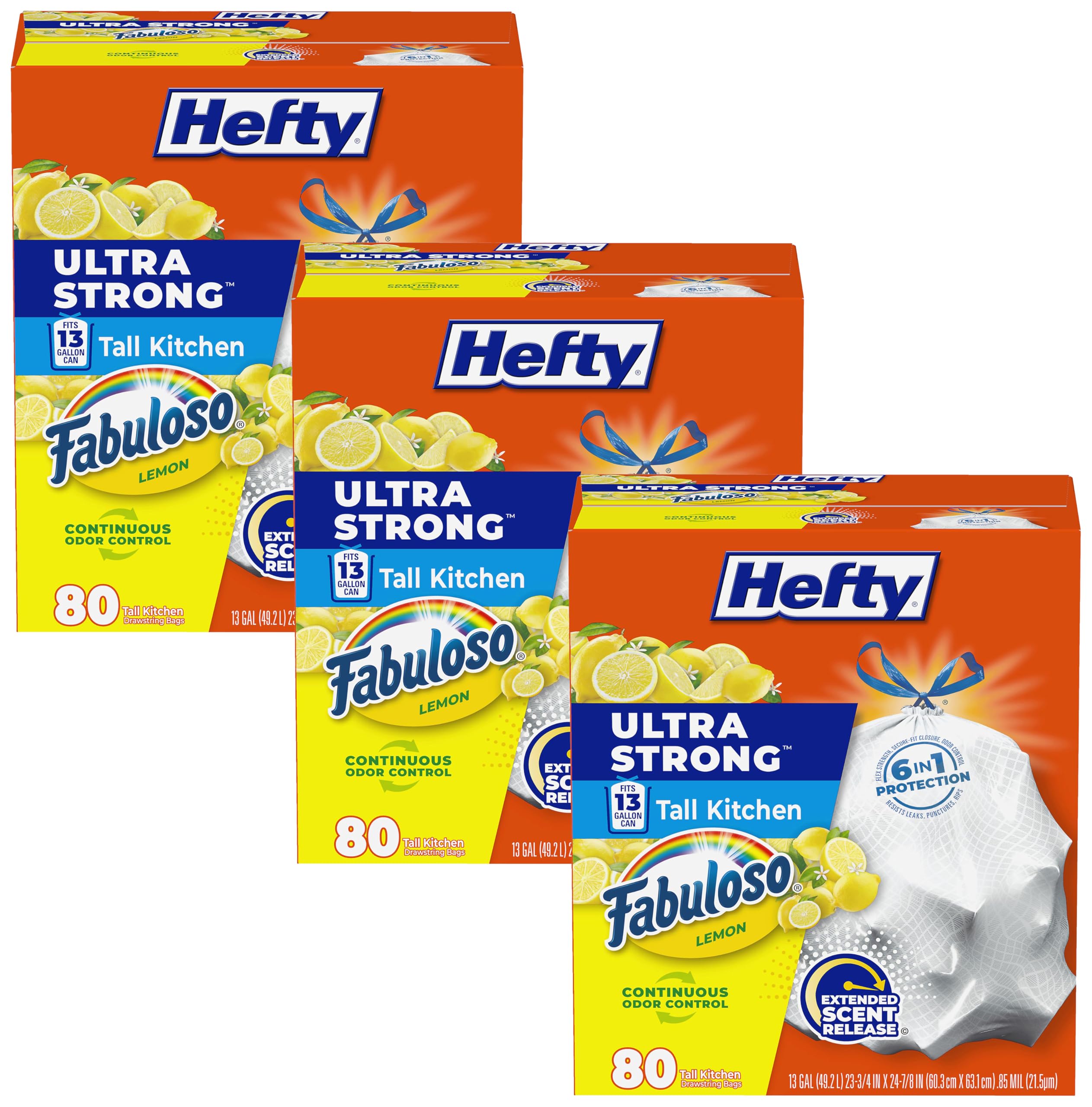 Hefty Ultra Strong 13 Gallon Trash Bags, Tall Kitchen Trash Bags 13 Gallon Size, Resist Leaks, Punctures, and Rips, Continuous Odor Control, White, Fabuloso Lemon Scent, 80 Bags| (Pack of 3)