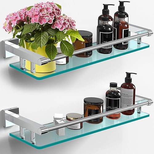 Miniatura 7 de Estantes de vidrio para baño, estante rectangular de acero inoxidable cromado de 20 pulgadas, estante de vidrio templado para montaje en pared,
