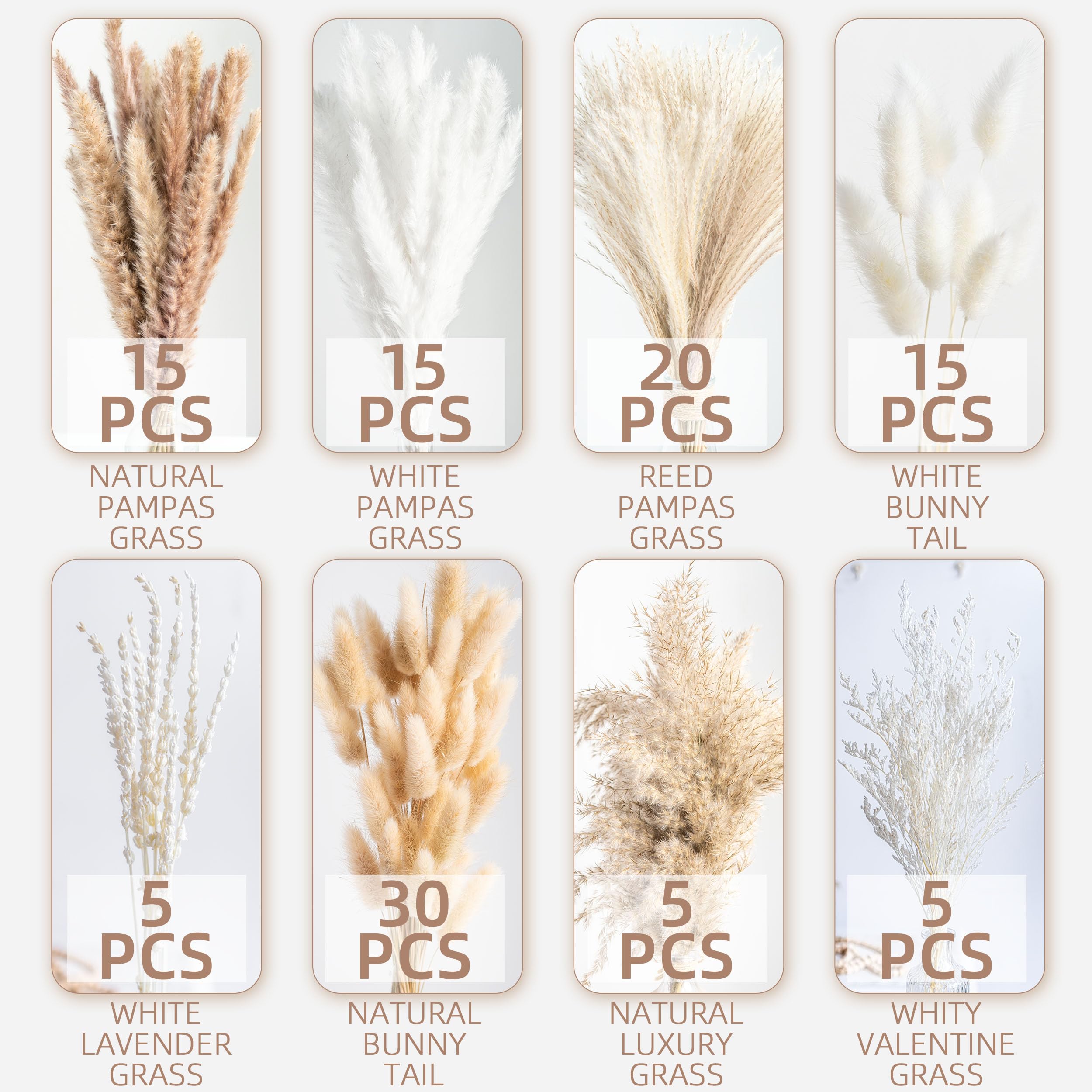 Lot de 130 bouquets de fleurs séchées naturelles de la pampa bohème pour décoration d'intérieur, bouquet de phragmites pour mariage, arrangements floraux, décorations de salon (130 pièces)