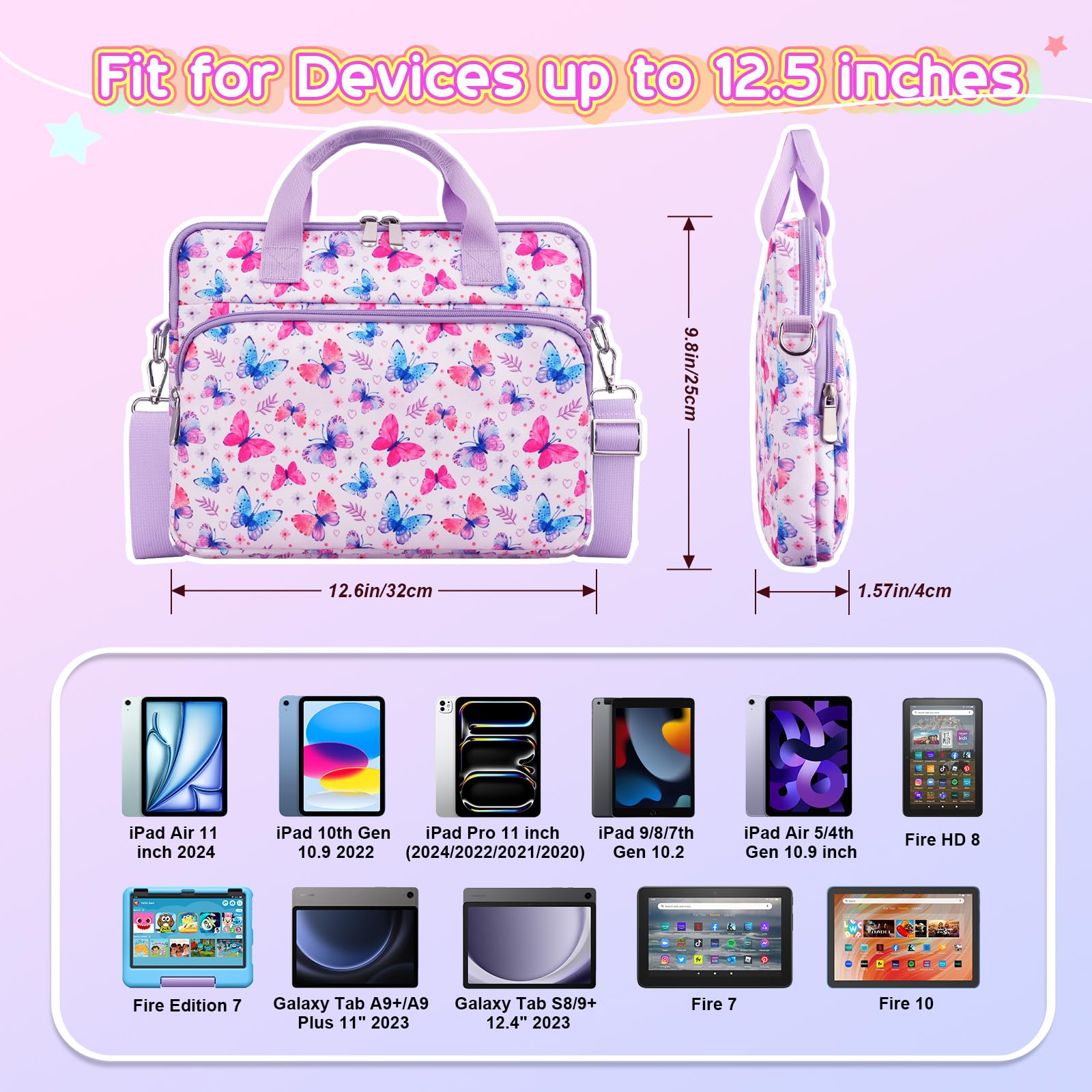 TiMOVO Housse pour Tablette avec Bandoulière, Pochette pour Tablet 12,5 Pouces, Sacoche Housse pour Tablette Universelle pour Fire Tablet, Kindle, iPad, Papillon