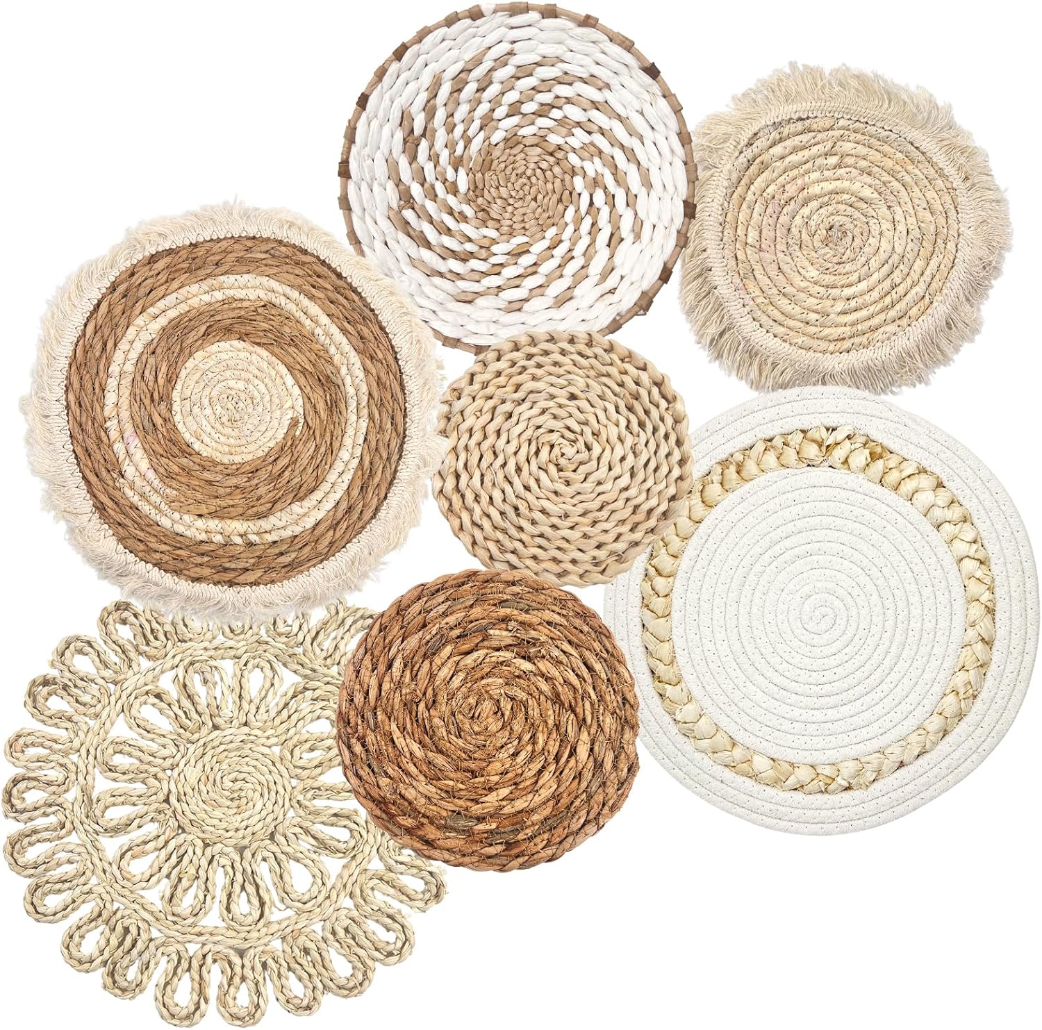 Set of 7 Boho Wall Baskets, Wall Hanging Rattan Decor, Flat Round Woven Water Hyacinth Corn Husk Farmhouse Handmade Macrame Hanging Woven Baskets for Living Room Bedroom Dining Room - Light Color