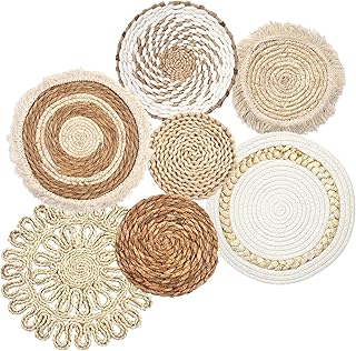 Set of 7 Boho Wall Baskets, Wall Hanging Rattan Decor, Flat Round Woven ...