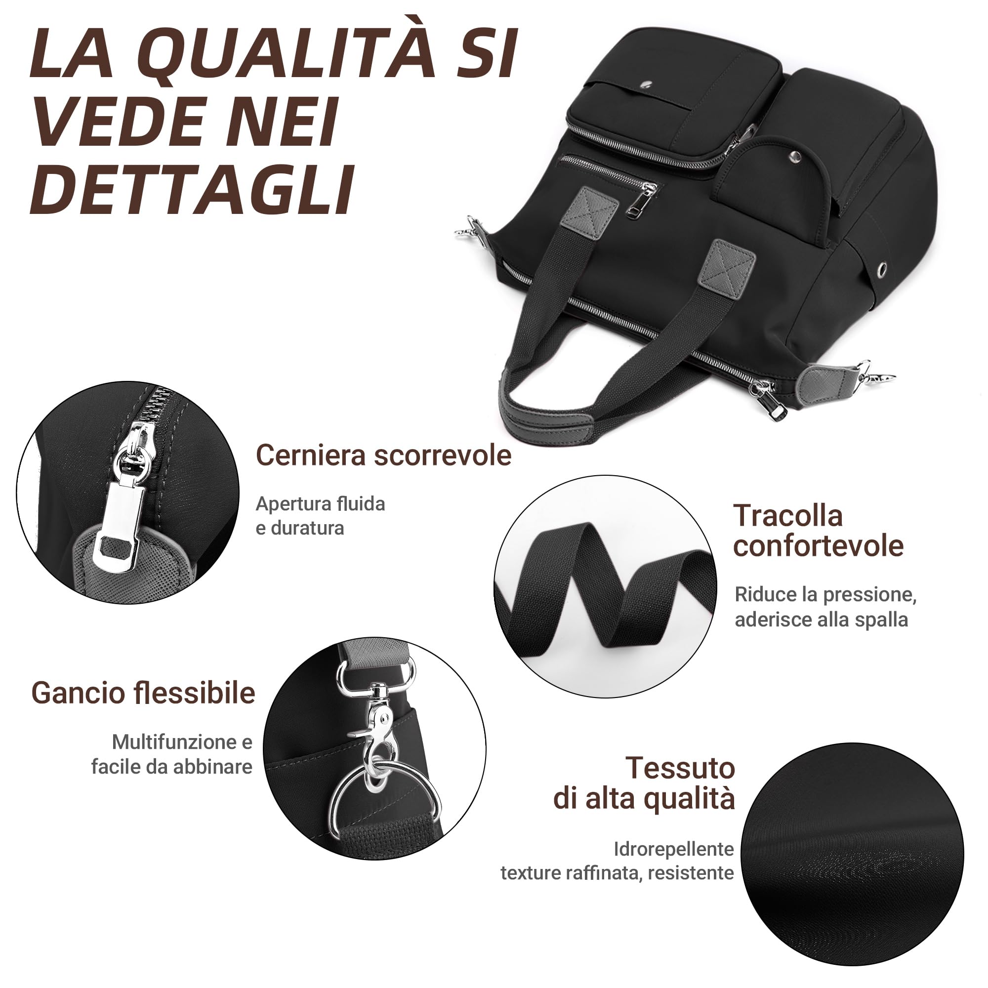 DIRRONA Borsa Tracolla Donna Borsa A Mano Casual - Borsa Tote Con Più Tasche Impermeabile E Resistente Tracolla Removibile Ideale Per Lavoro Università E Viaggio Nero Classico