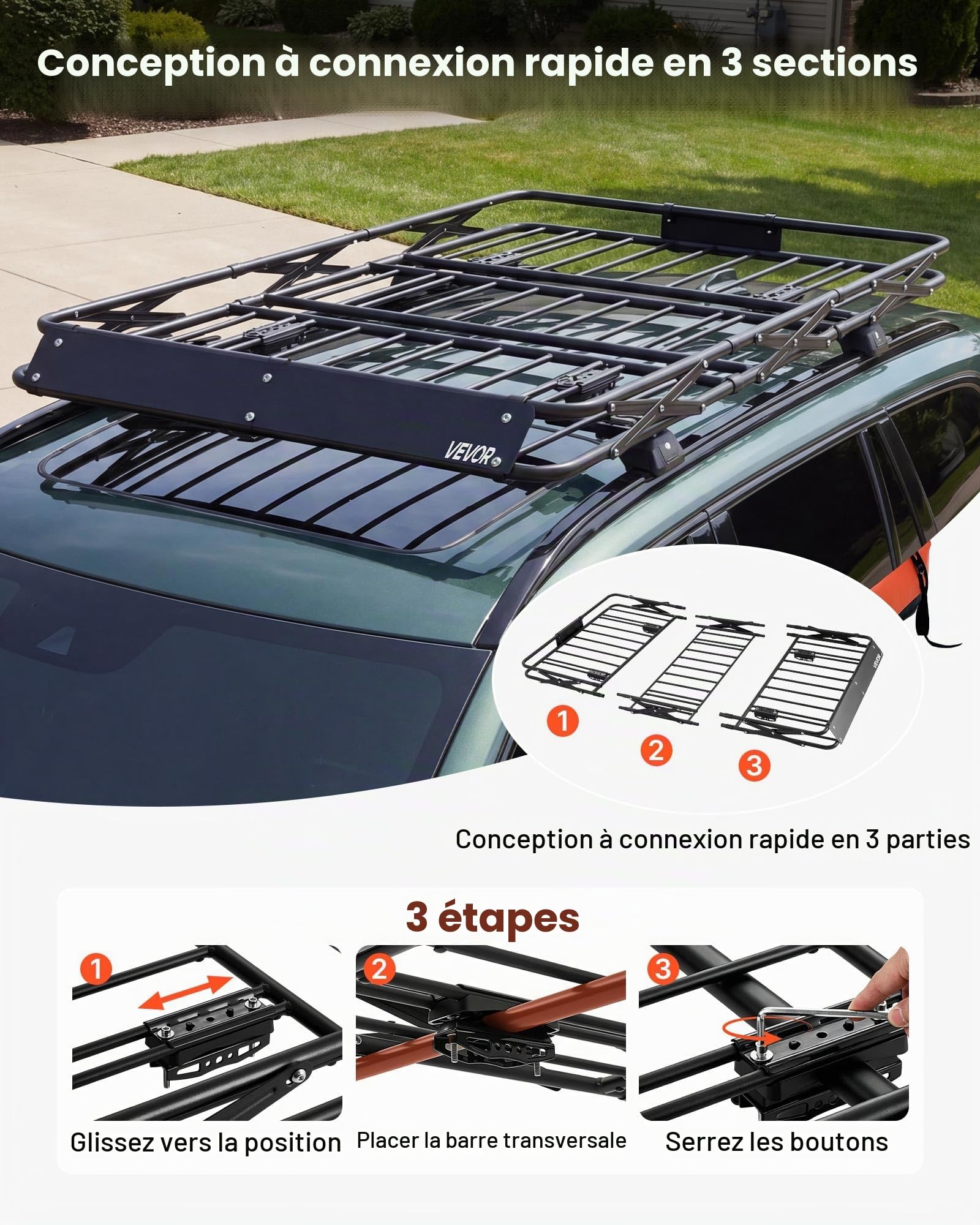 VEVOR Panier de Toit pour Voiture, 1626x990x102 mm, Porte Bagage Voiture, Cadre en Forme X Pliable, Capacité de 90,72 kg, Galerie de Toit Universelle pour SUV, Camionnette, pour Toutes Saisons