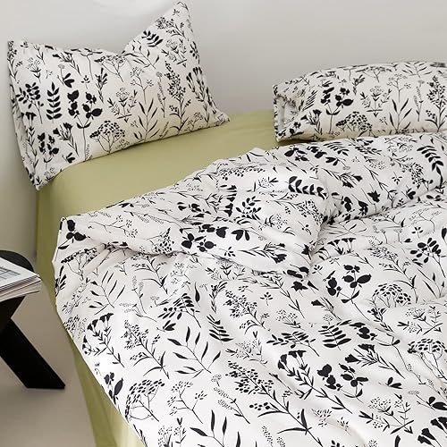 Miniatura 9 de FADFAY Juego de funda de edredón en blanco y negro, ropa de cama floral, tamaño matrimonial, 100% algodón, funda de edredón botánica para niños,