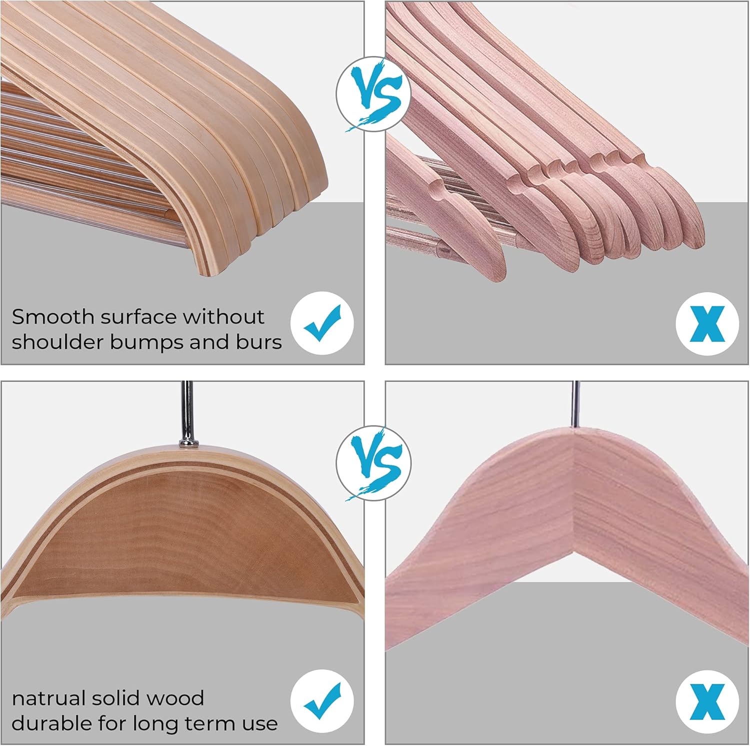 JS Hanger Wooden Coat Hangers, 10 Pack Light Weight Wood Coat/Suit Hangers with Non-Slip Pant Bar, Natural Finish