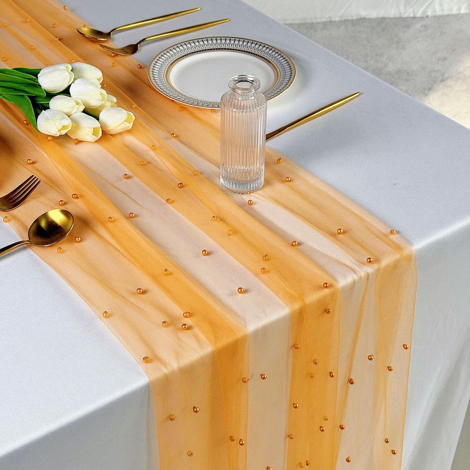 Plancholo Pearl Table Runner 118 Inches Long Orange Boho Rustic Tulle Table Runner with Orange Pearls for Wedding Birthday Party Table Decor, 30x118 Inches