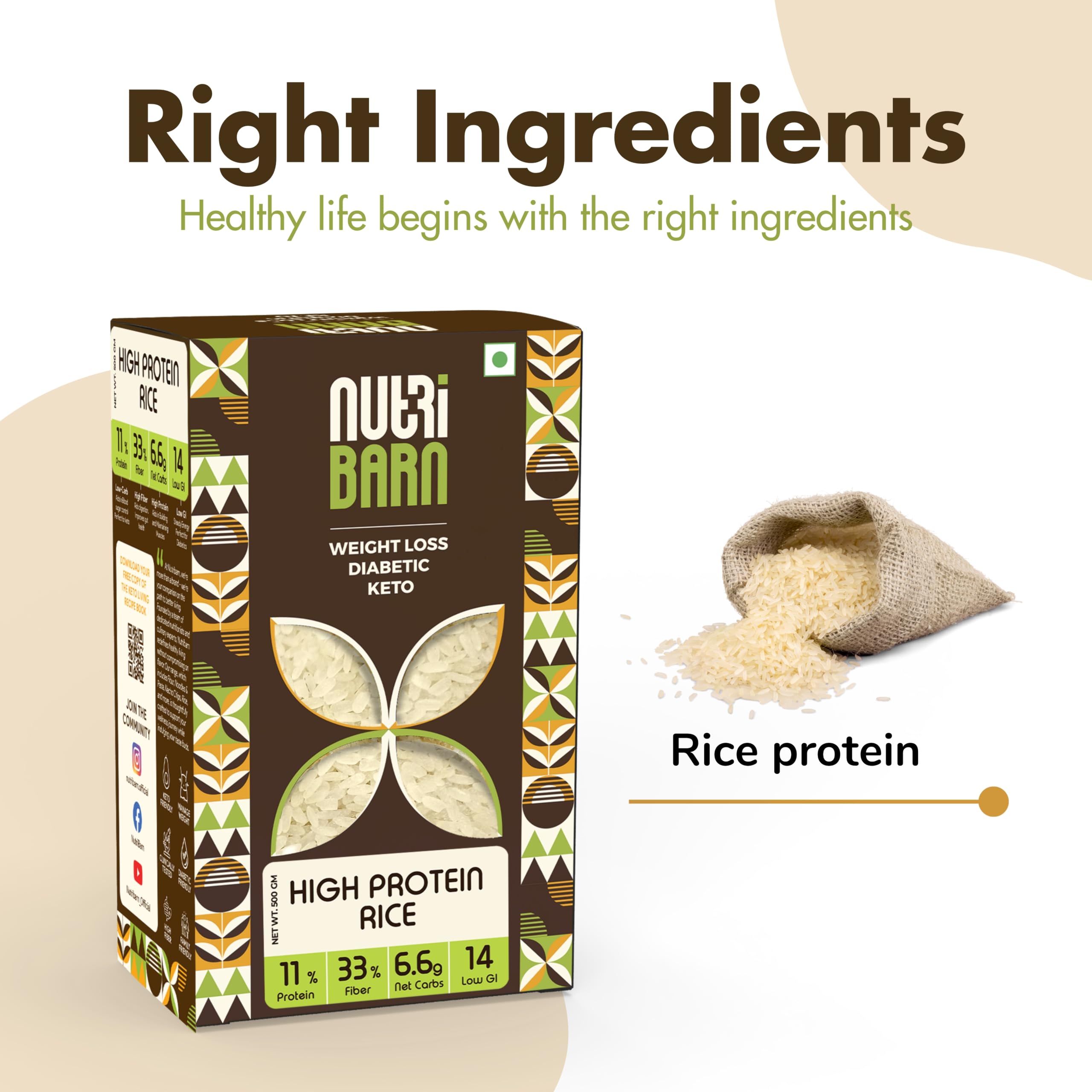 Nutribarn High Protein Low Carb Rice 1 Kg | 11% Protein | 6.6g Net Carbs | Lab Tested Low GI 14 | Diabetic Friendly, Weight Management High Fiber Rice | 500g (Pack of 2)