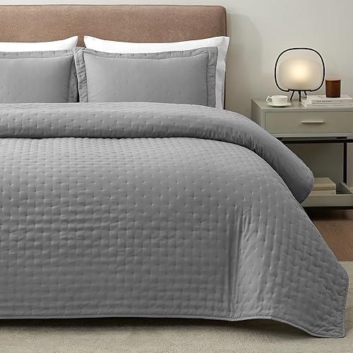 Hansleep Juego de edredón ultrasónico ligero para decoración de cama, colcha para uso en todas las estaciones (puntos grises, matrimonialqueen, 90 x