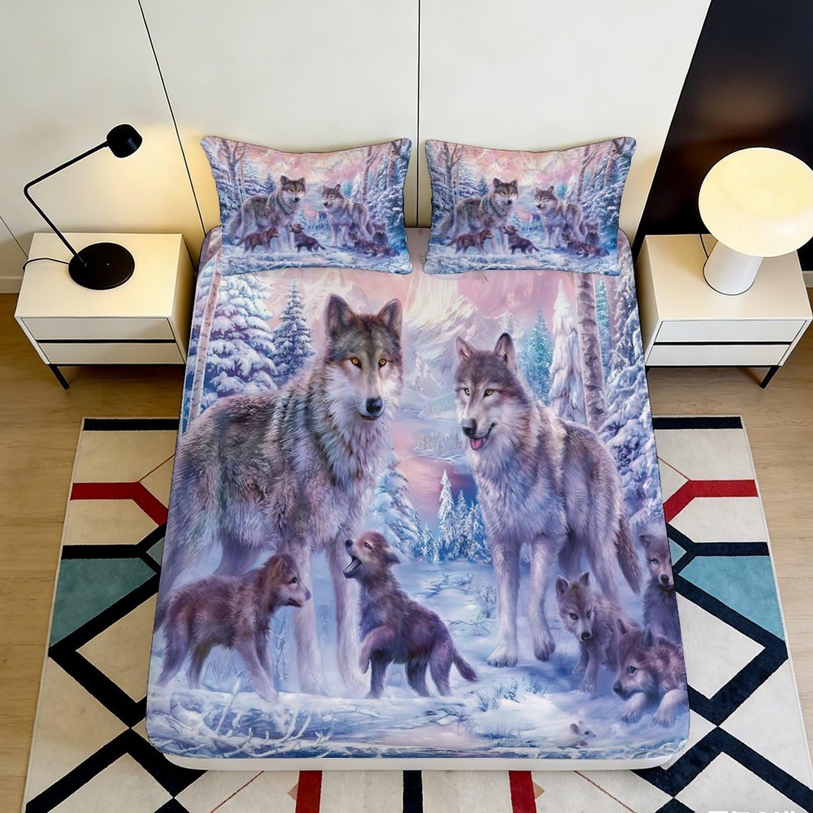 Pnayamiorkfel Style-1 3D Printed Winter Wolf Family Fitted Sheet Microfiber Soft Breathable Forest Bed Cover For Bedroom Dorm Decor 90X200x25cm