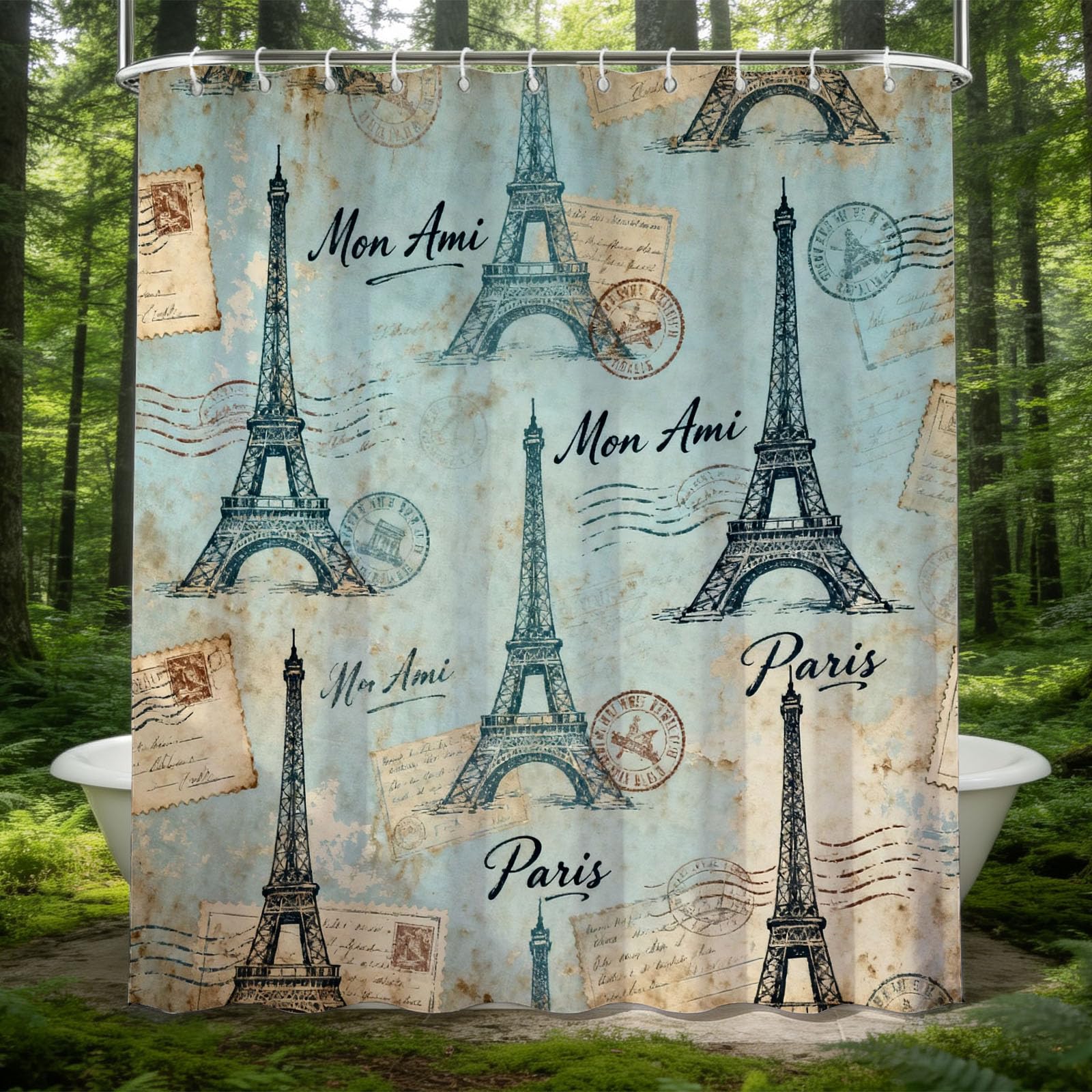 Hongduo 3D Eiffel Tower Shower Curtain for Stalls Bathtubs French Style Bathroom Decor Shower Curtain Set Polyester Fabric Waterproof 200x200cm/79X79 Inch with Hooks