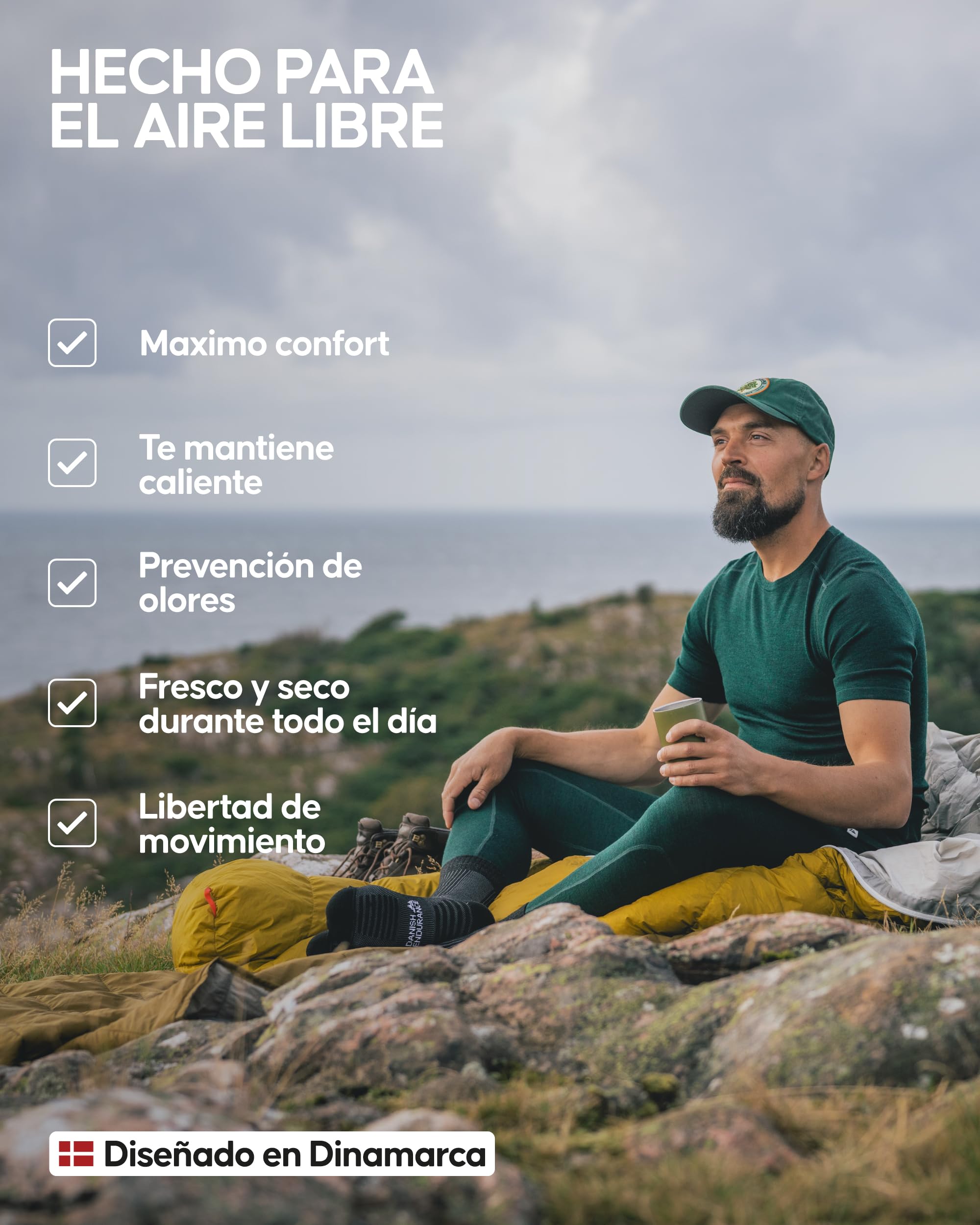 DANISH ENDURANCE Camiseta Térmica Hombre Manga Corta, Lana Merino | Camiseta Térmica de Lana Merino, Transpirable y Termorreguladora, sin Malos Olores, para Senderismo, Ciclismo y Aire Libre