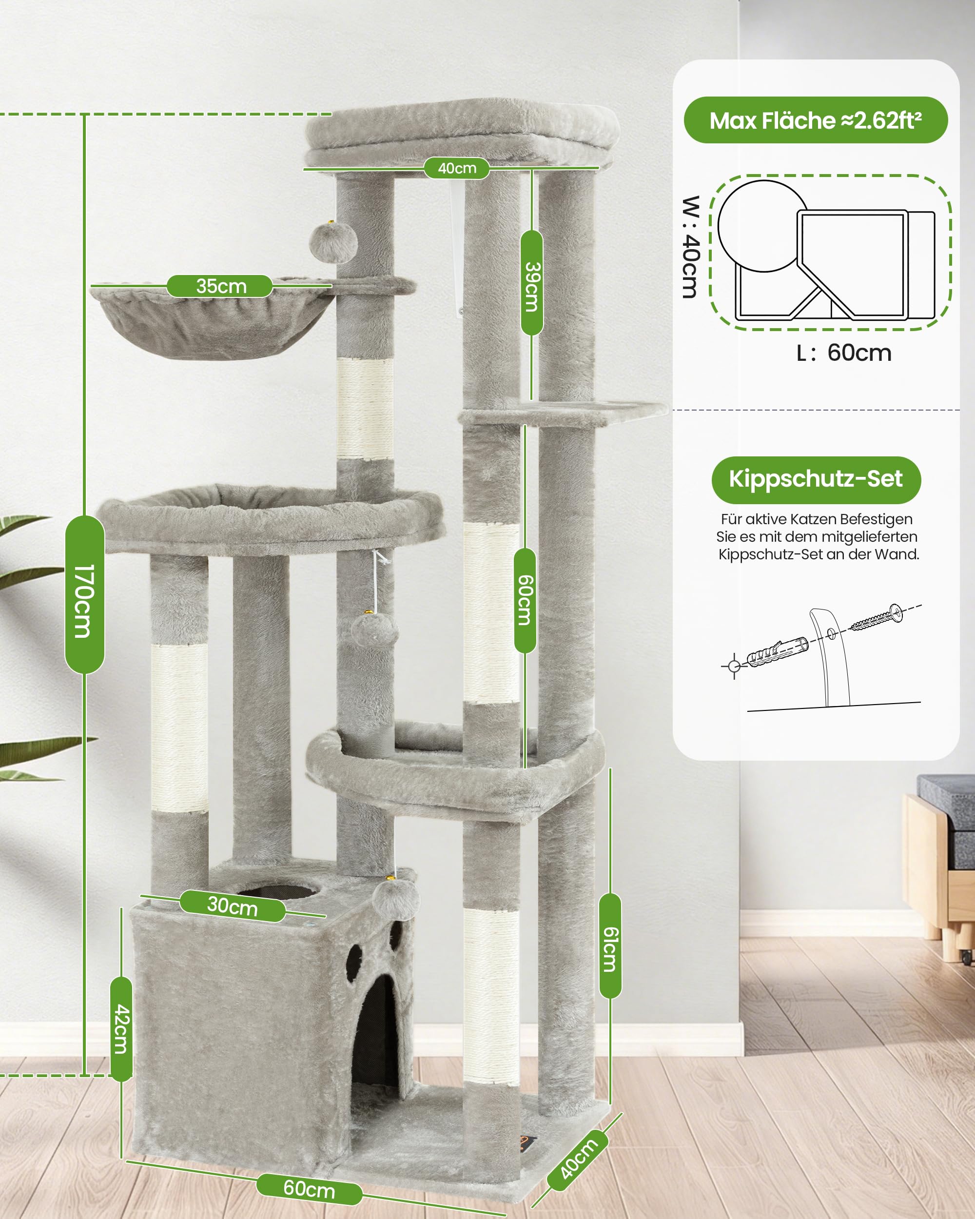 Kratzbaum Groß, Kratzbaum Grosse Katzen Stabil 170 cm hoch - Katzenbaum XL, Mehrstöckiger Katzenbaum Grau mit 4 Kratzsäulen, 6 Plüschbälle, Plattformen, Höhlen, Hängematte - Cat Tree Tower