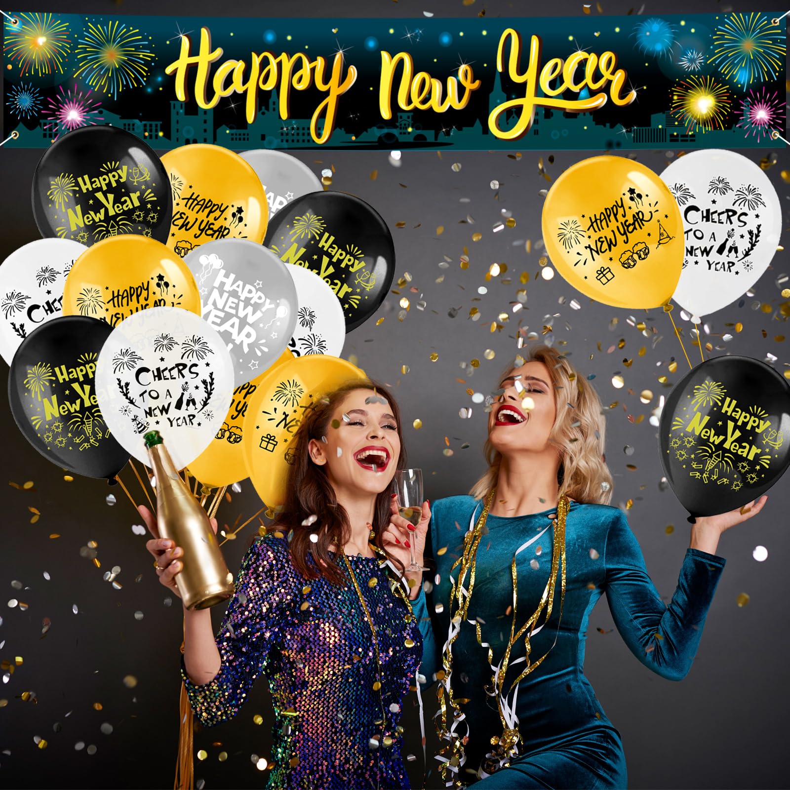Aazon.co: HOWAF Colorful Happy New Year Banner 2025 With Balloons For...