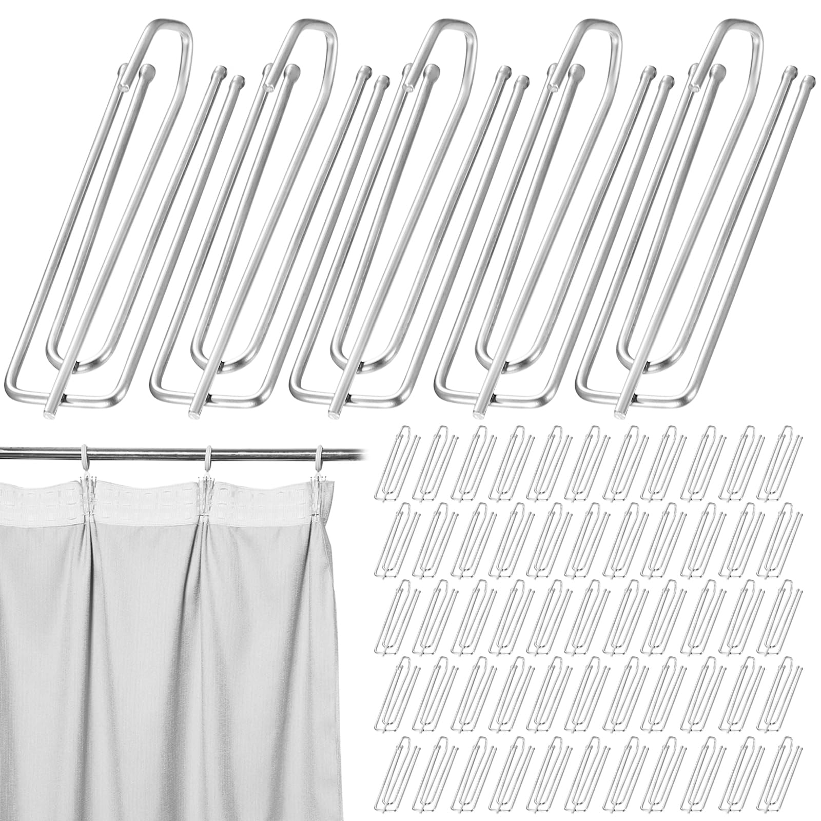 ywchoshe 60 Pcs Metal Curtain Hooks, Heavy Duty 4 Deep Prong Pinch Pleat Curtain Hooks for Pencil Pleat Curtains Rings Rails Hook(Silver)