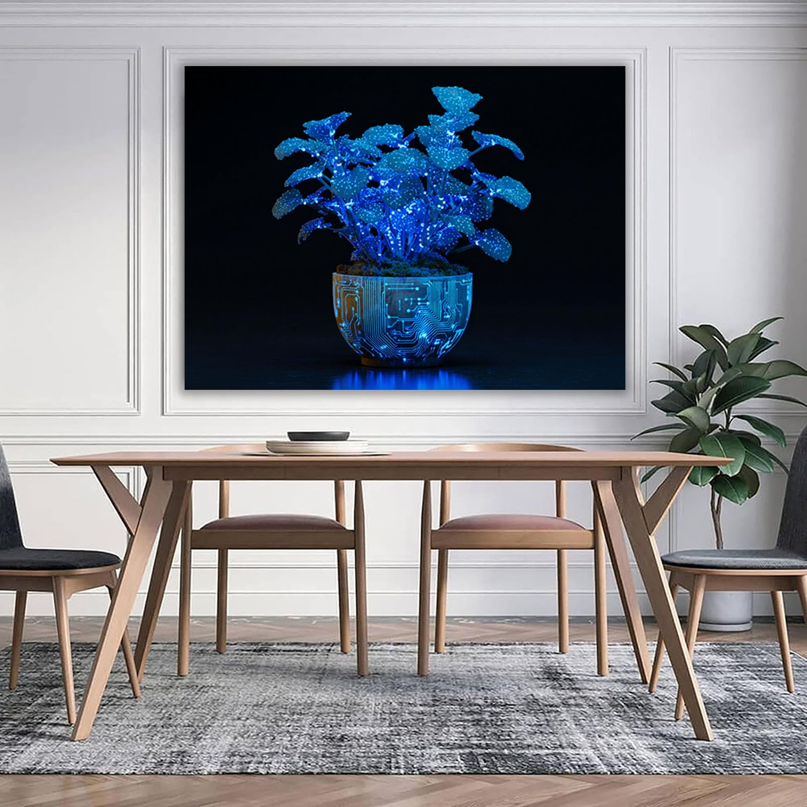 WUFIEA pósteres abstractos de hoja botánica impresa Plantas fluorescentes en macetas Arte Decorativo de la Oficina Sala de Estar（Azul-70x100cm Enmarcado