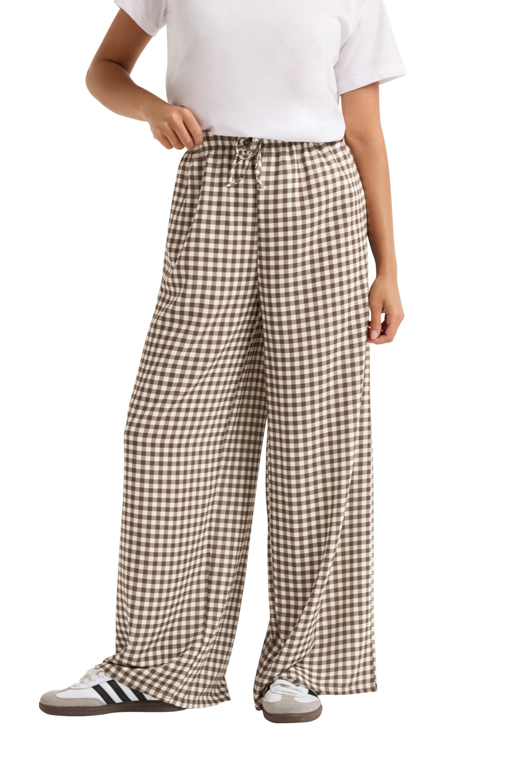 Pixiegirl Women's Brown Petite Gingham Wide Leg Trousers In | Size: 16