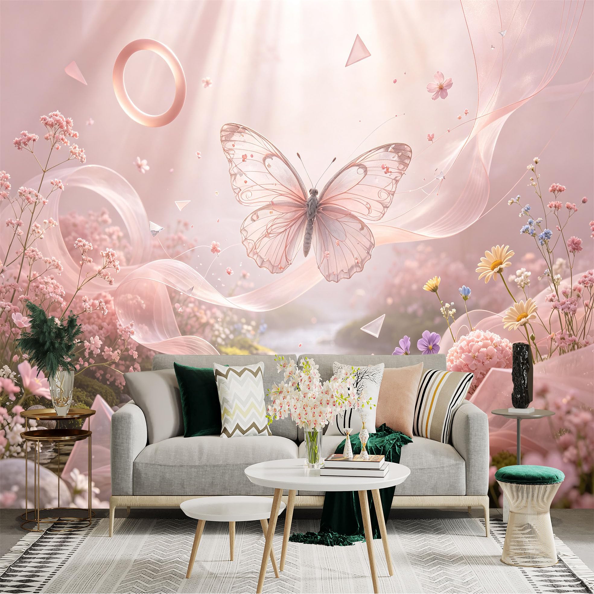 Custom Size Wall Sticker Mural， Ethereal Pink Butterfly， Flowing Silk Ribbons， Soft Floral Garden and River， Dreamy Pastel Aesthetic， for wall Decoration， peelandstick wall Decals.