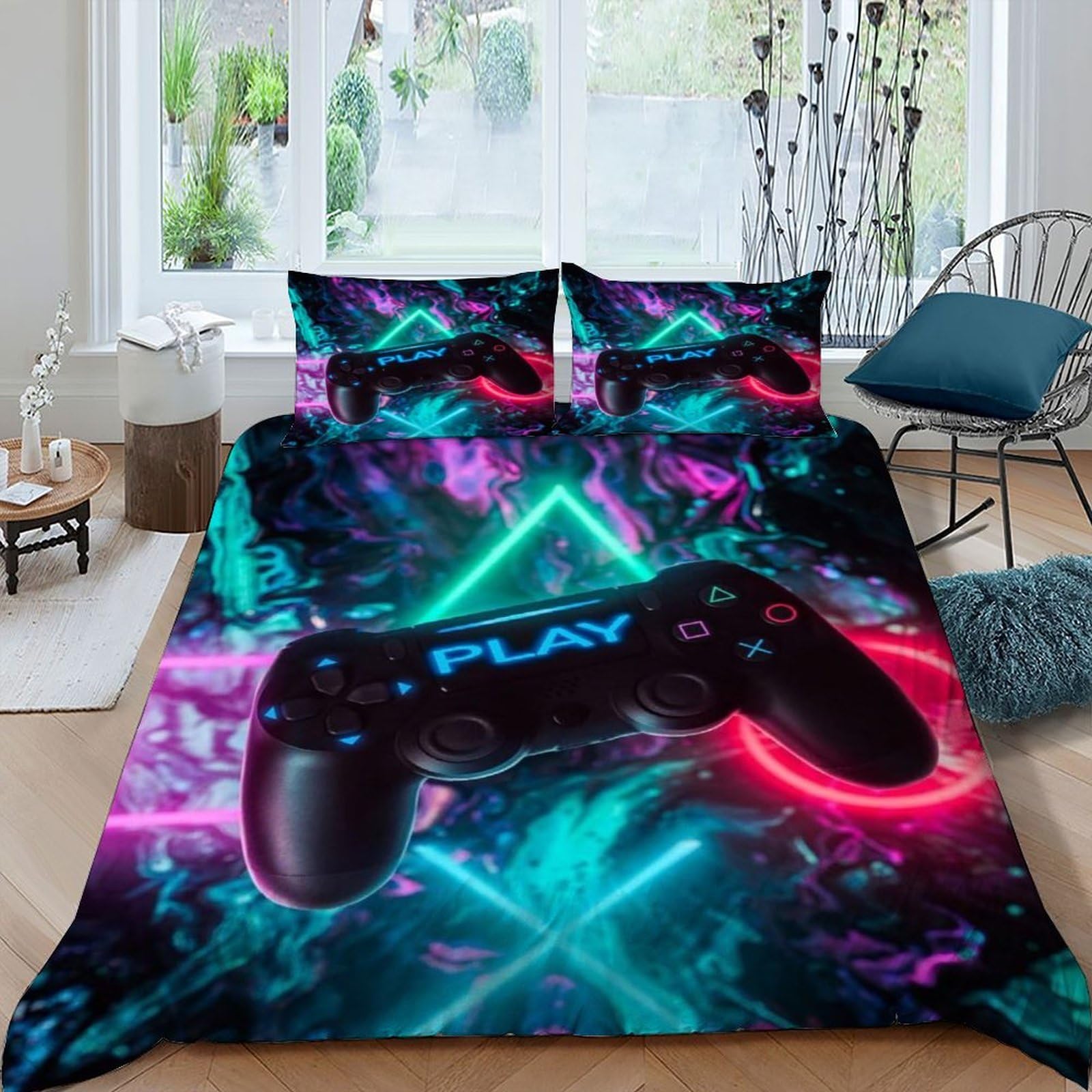 Housse de couette gaming néon microfibre fermeture éclair king