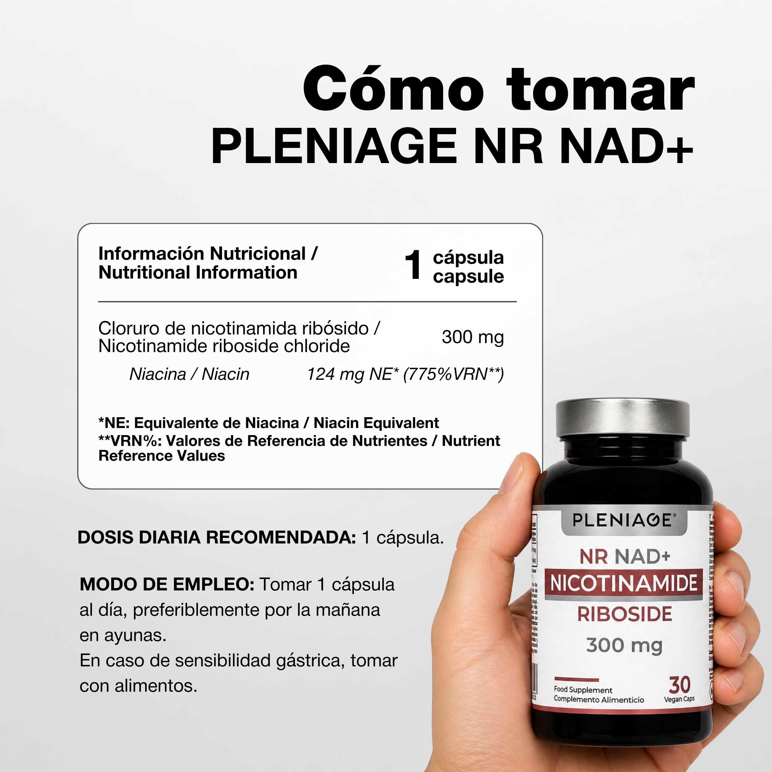 NR NAD+ | Nicotinamide Riboside 300mg | 30 Cápsulas | Puro +99% sin aditivos. Vegano, sin gluten ni lactosa. Alternativa a NMN. Certificado Clean Label. Fabricado en España.