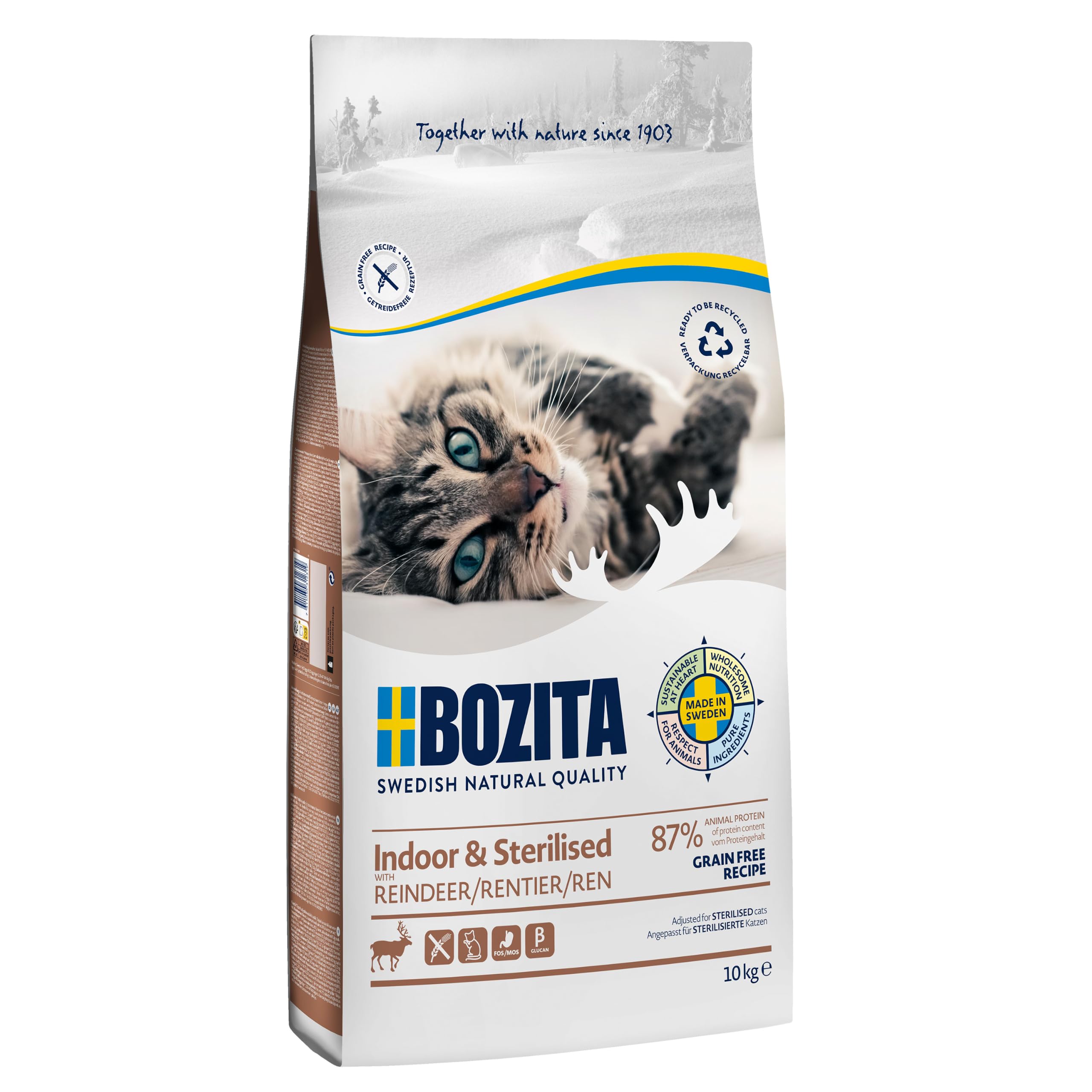Bozita Indoor & Sterilised sucha karma dla kotów z reniferem – 10 kg – zawierająca pszenicę karma dla kotów mieszkalnych – 33% białka, 14% tłuszczu – nie zawiera genetycznej, pełnoporcjowa karma