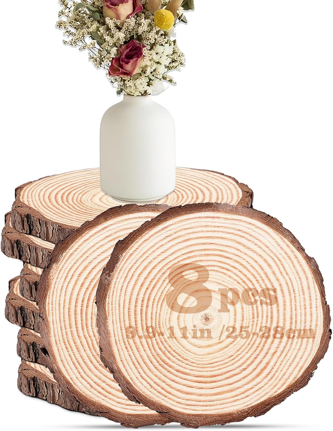 8 Pcs Natural Pine Wood Slices with Bark, 9.8-11"(25-28cm) Rustic Wedding Wood Centerpieces for Tables, Round Wood Slices for Centerpieces Baby Shower, Wedding Party Decoration