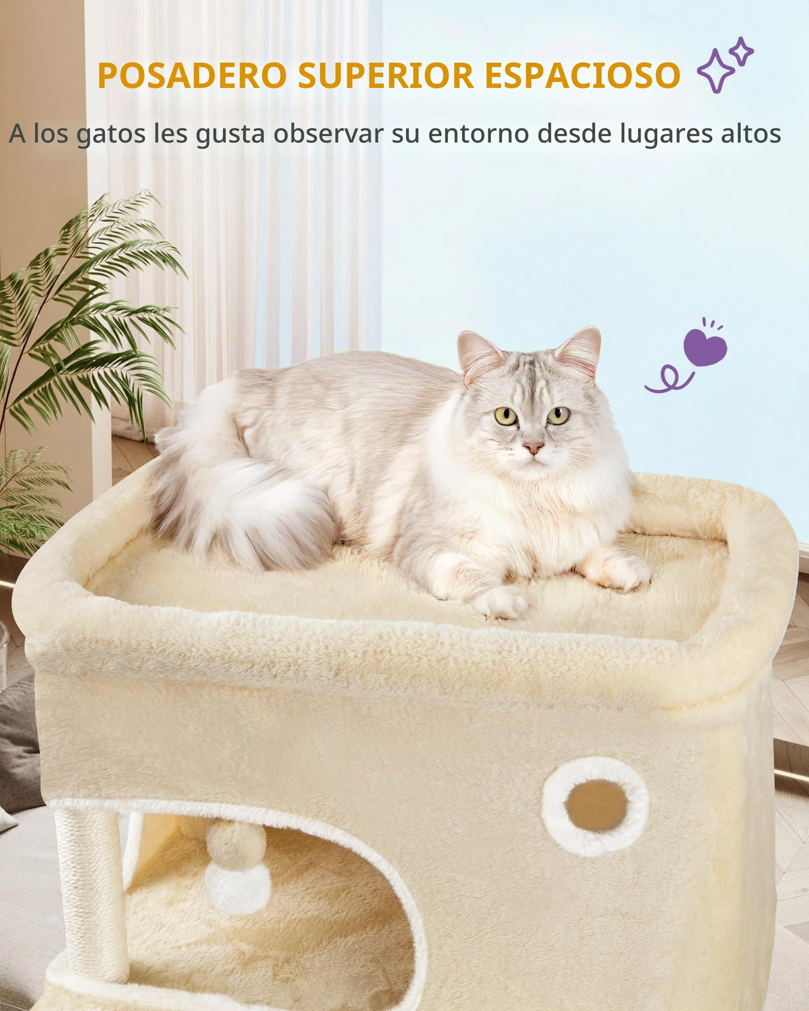 Hzuaneri Árbol Rascador para Gatos, 203 cm Multicapa con Plataforma Grande, 2 Cuevas, 7 Postes de Sisal, Pompones, Cesta para Gatos, Hamaca, Beige MS20318YL