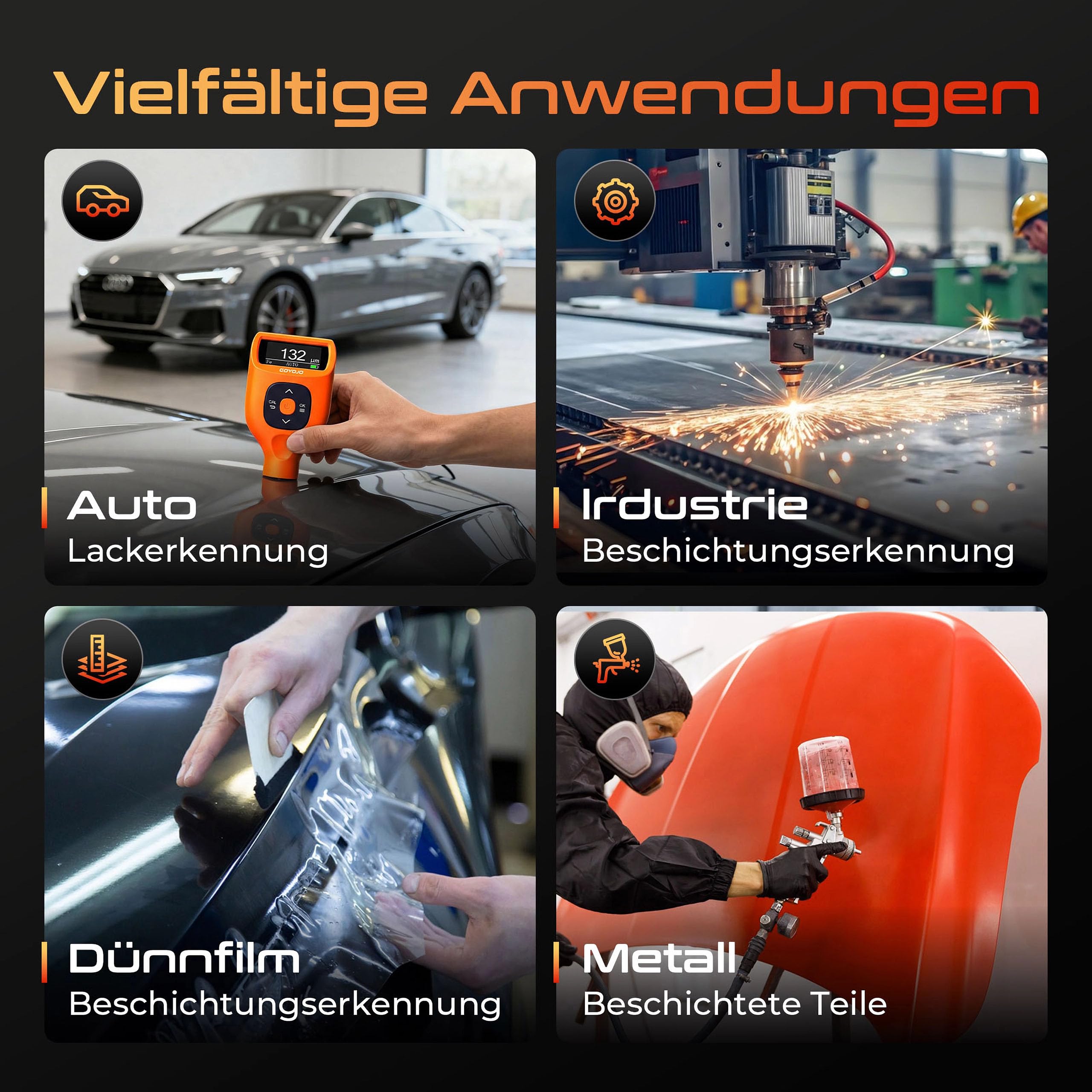 GOYOJO Lackdickenmessgerät Auto 0–2000 μm – Schichtdickenmessgerät Digital für Auto Karosserie, Misst auf Stahl Aluminium Zink, Ideal für Gebrauchtwagenprüfung mit Auto-Erkennung