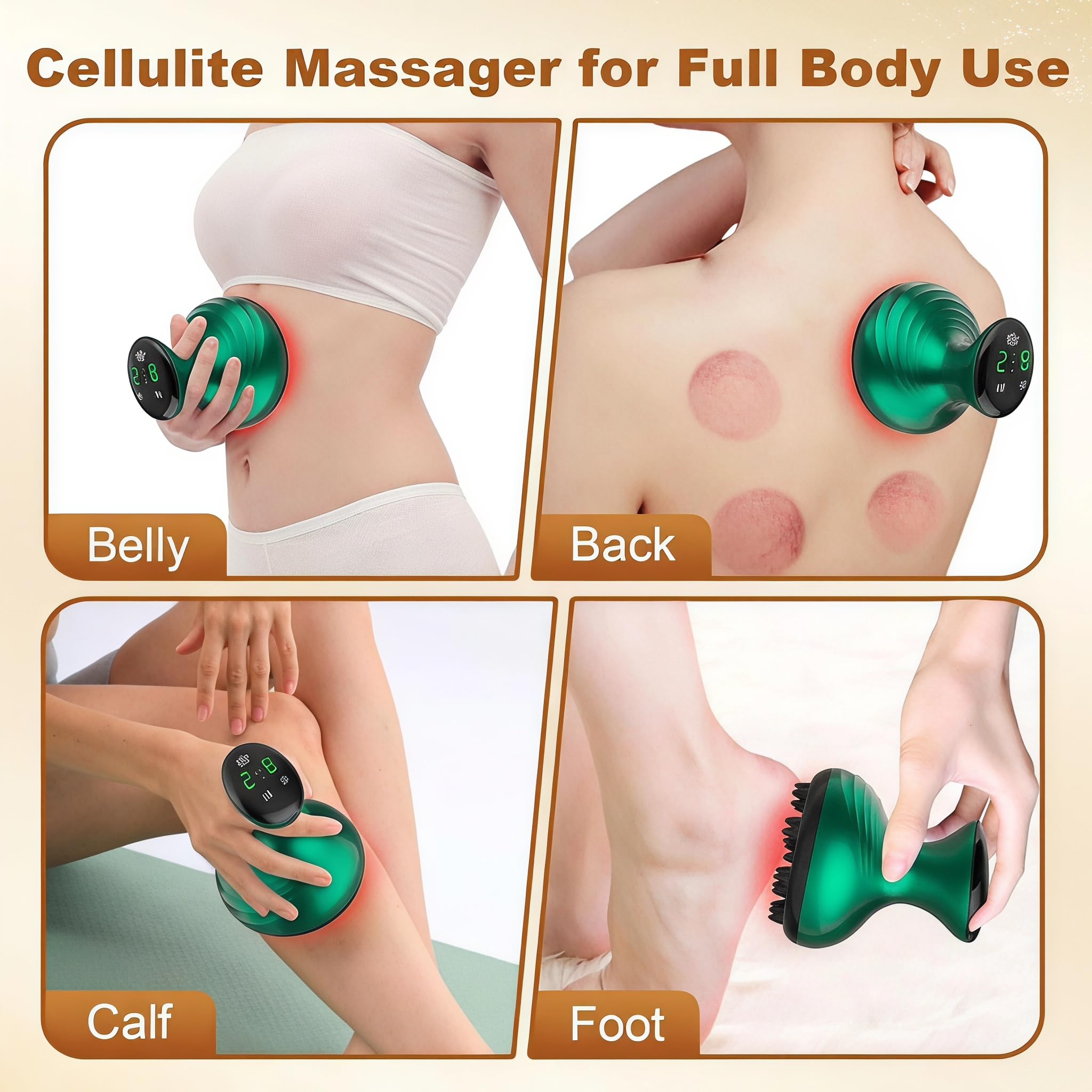 Masajeador Anticelulítico Eléctrico 5en1, Ventosa de Masaje con Calor e Infrarrojos, 9 Niveles de Aspiración, Pantalla LED, Para Muslos, Abdomen, Brazos (Blanco Perla)