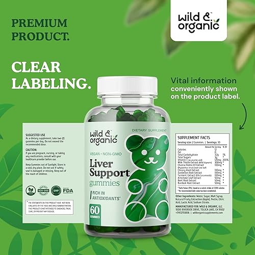 Miniatura 8 de Wild & Organic Gomitas de apoyo hepático, cardo mariano, extracto de raíz de diente de león para desintoxicación de limpieza del hígado, 60 gomitas