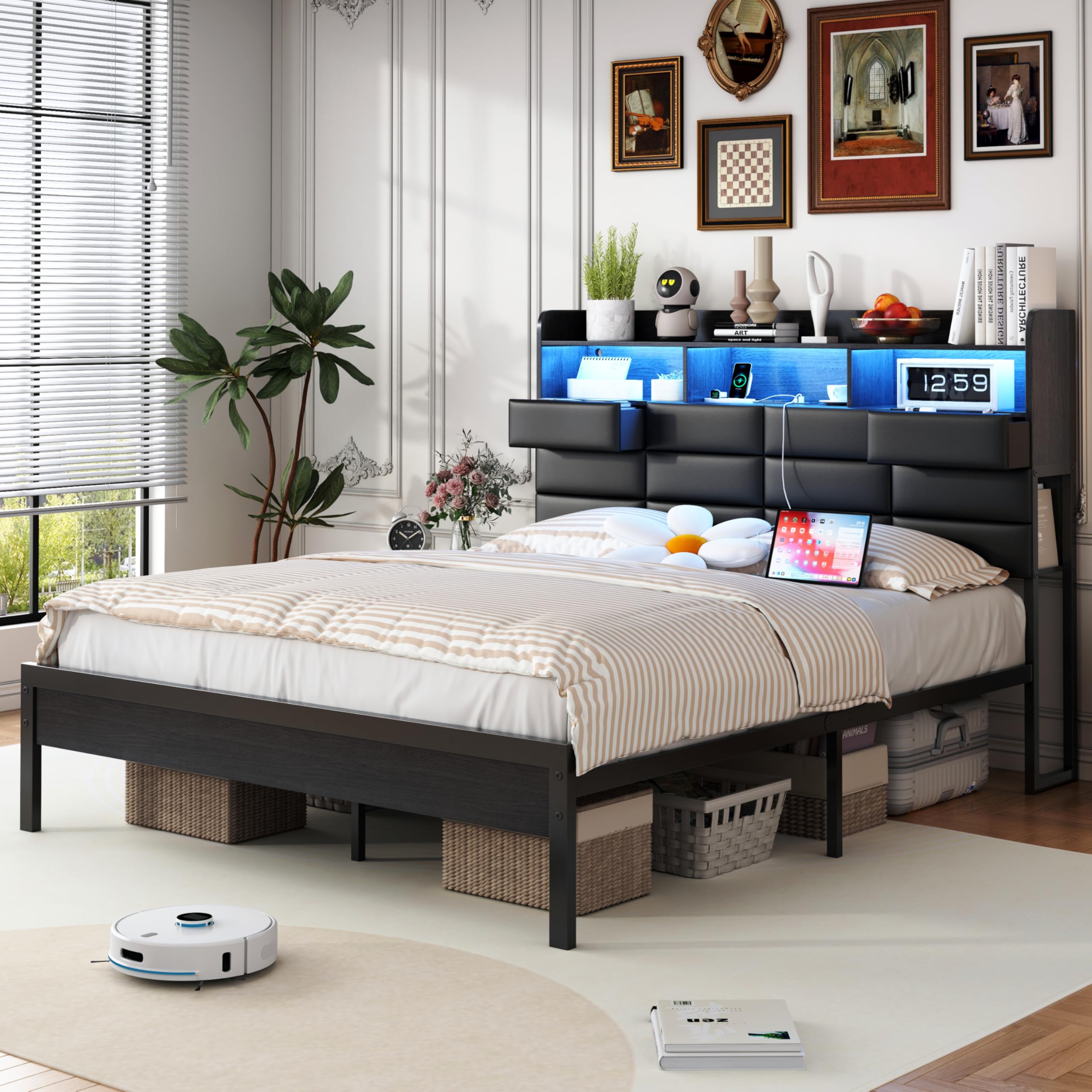 Etditrnp Queen Size Black Bed Frame with 2 Storage Drawers and Charging Station, Upholstered Bed Frame with PU Leather Headboard LED Lights, Metal