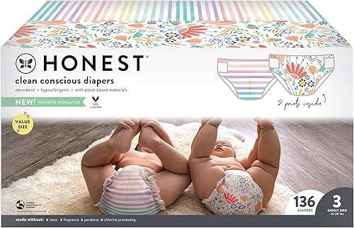 The Honest Company - Super Club Box, pañales Clean Conscious, estampado Rainbow Stripes + Flower Power, talla 3, 136 unidades (el empaque puede