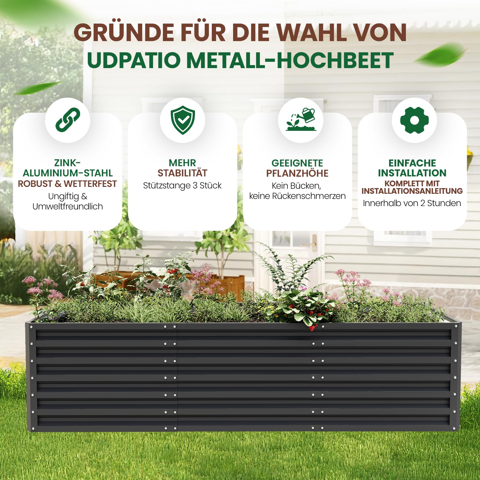 UDPATIO Orto Rialzato da Esterno, 240 x 60 x 90 cm Letto da Giardino Rialzato 970L, Aiuola Rialzata in Metallo, Orto Rialzato in Acciaio Zincato per Giardino Esterno, per Piante, Fiori, Nero