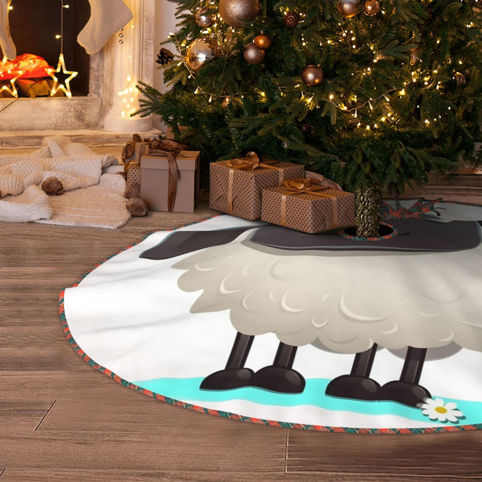 Sheep Christmas Tree Skirt 48" Artificial Tree Mat Cover Merry Christmas Burlap Xmas Tree Skirt for Christmas Decoration Holiday Indoor Outdoor Winter Party Decor