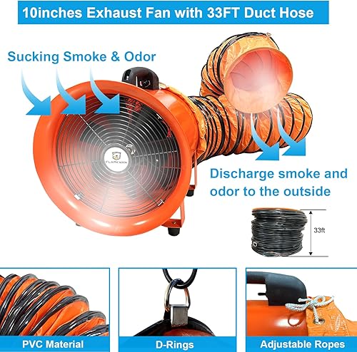 Miniatura 4 de Ventilador de escape de ventilación industrial portátil de 10 pulgadas 3010CFM 350W con manguera de conducto de 33 pies para aspirar polvo, humo,