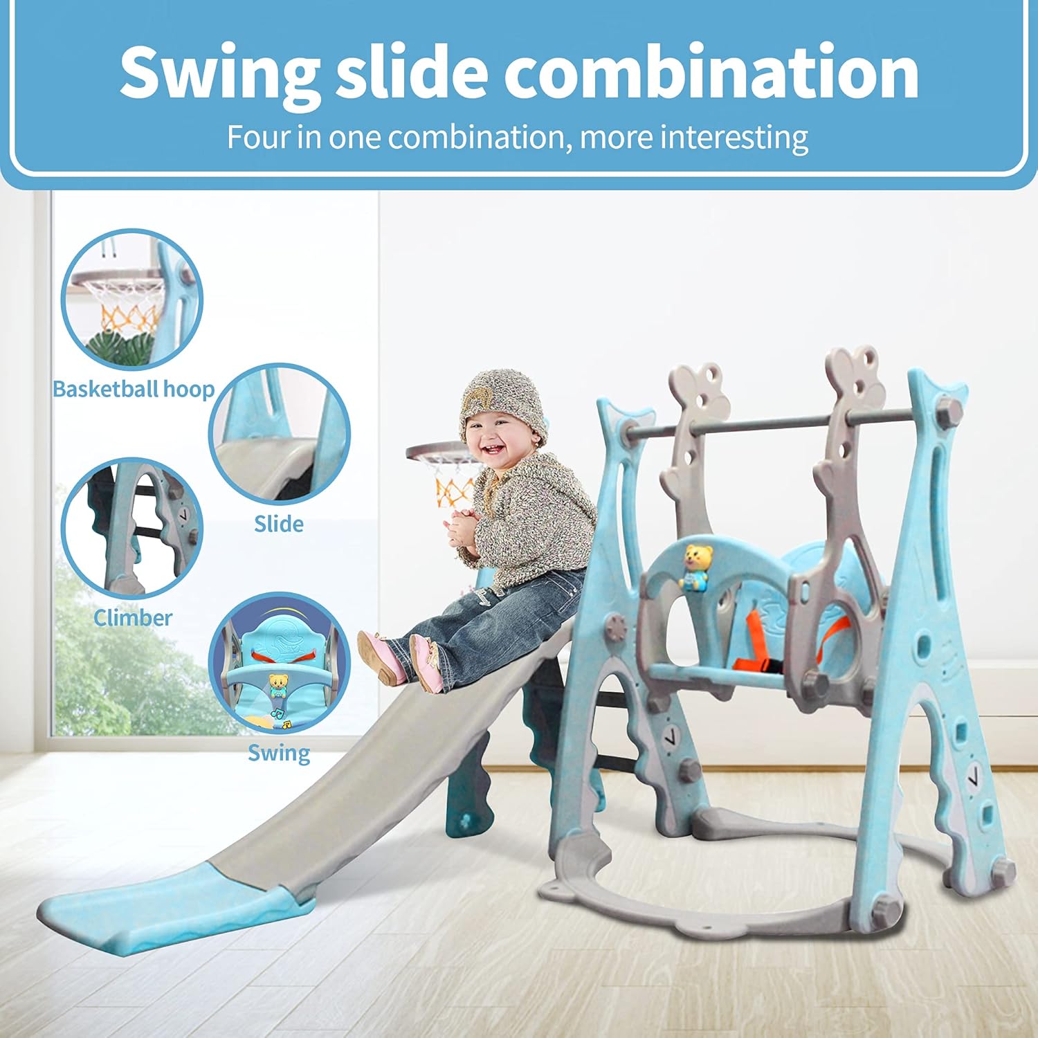 Kids Swing and Slide Set w/ Basketball Hoop & Music Player Kids Fun Slide Set for Indoor and Outdoors Playground Play Set(Music Shark Blue) : Toys & Games