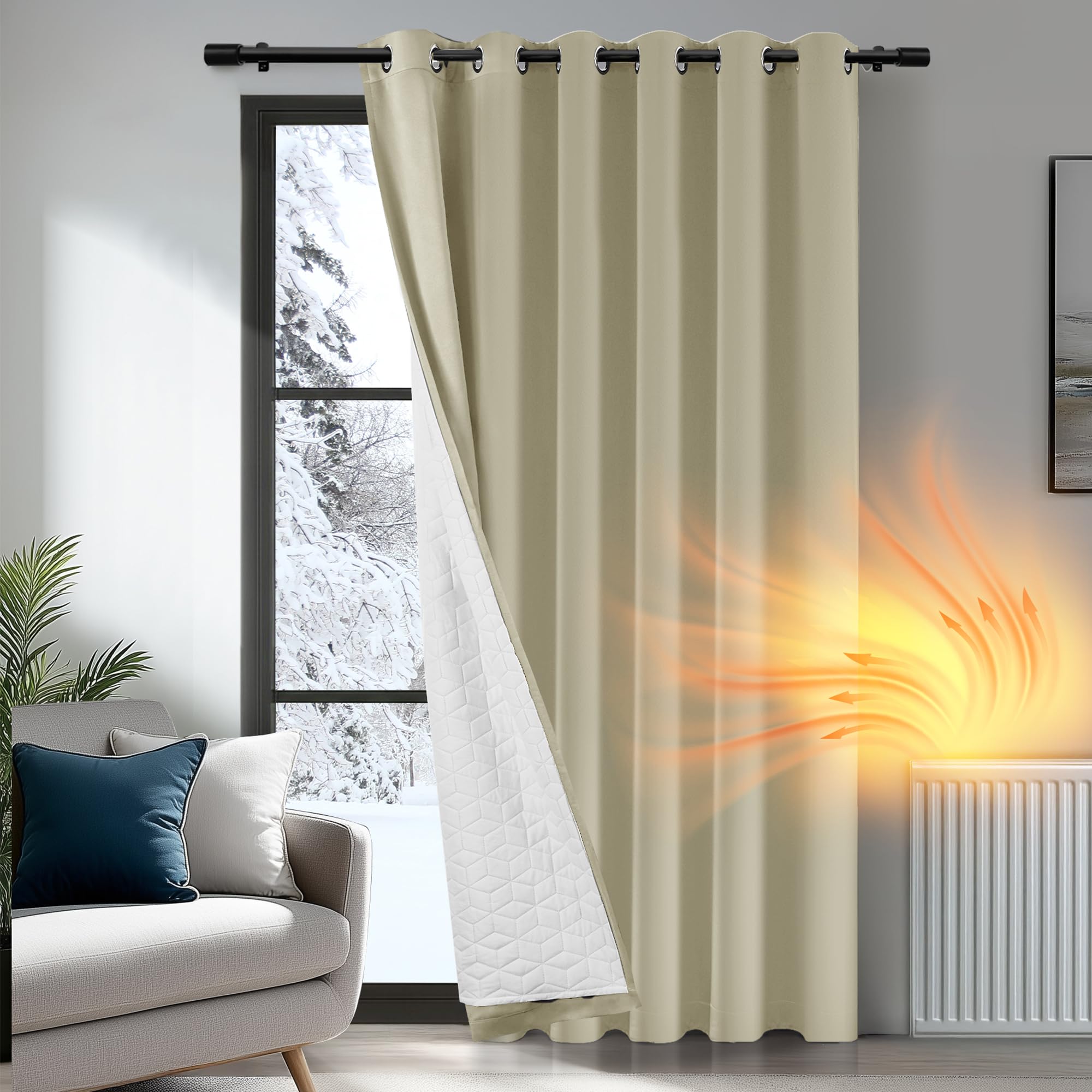 Deconovo Door Thermal Blackout Curtain 110 Inch Drop, Eyelet With Thick Microfiber Liner, WindProof Noise Reducing Beige for Bedroom Big Window, 79"x 110", 1 Panel โ image 1